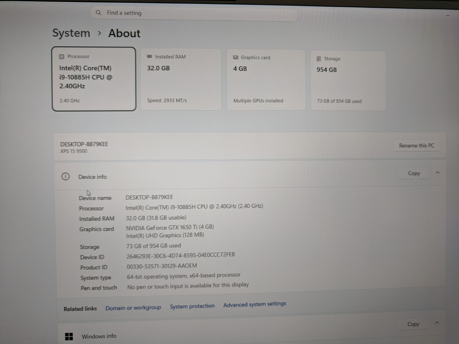 Dell XPS 15 9500 – Core i9-10885H | 32GB DDR4 | 1TB NVMe | GTX 1650 Ti 4GB | W11