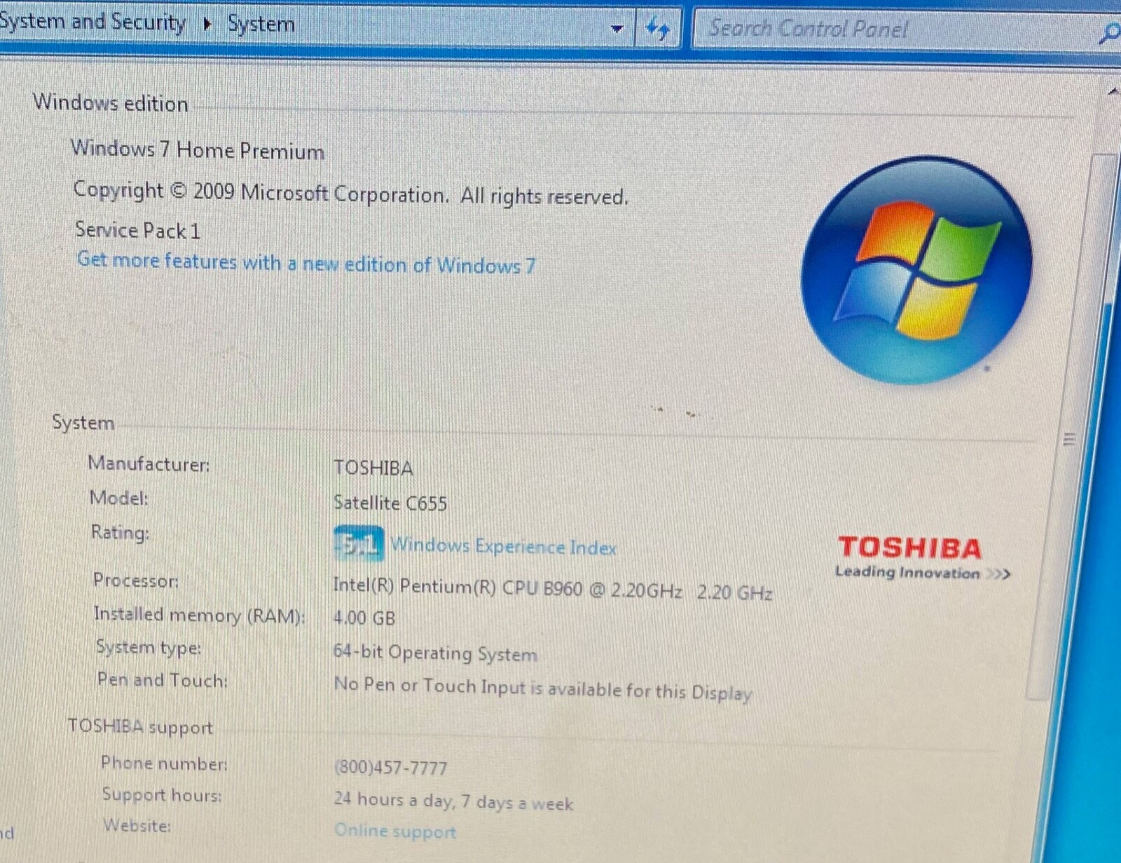 Toshiba Satellite C655 Laptop_Intel Pentium B960 CPU @ 2.20 GHz_4GB RAM_620GB HD