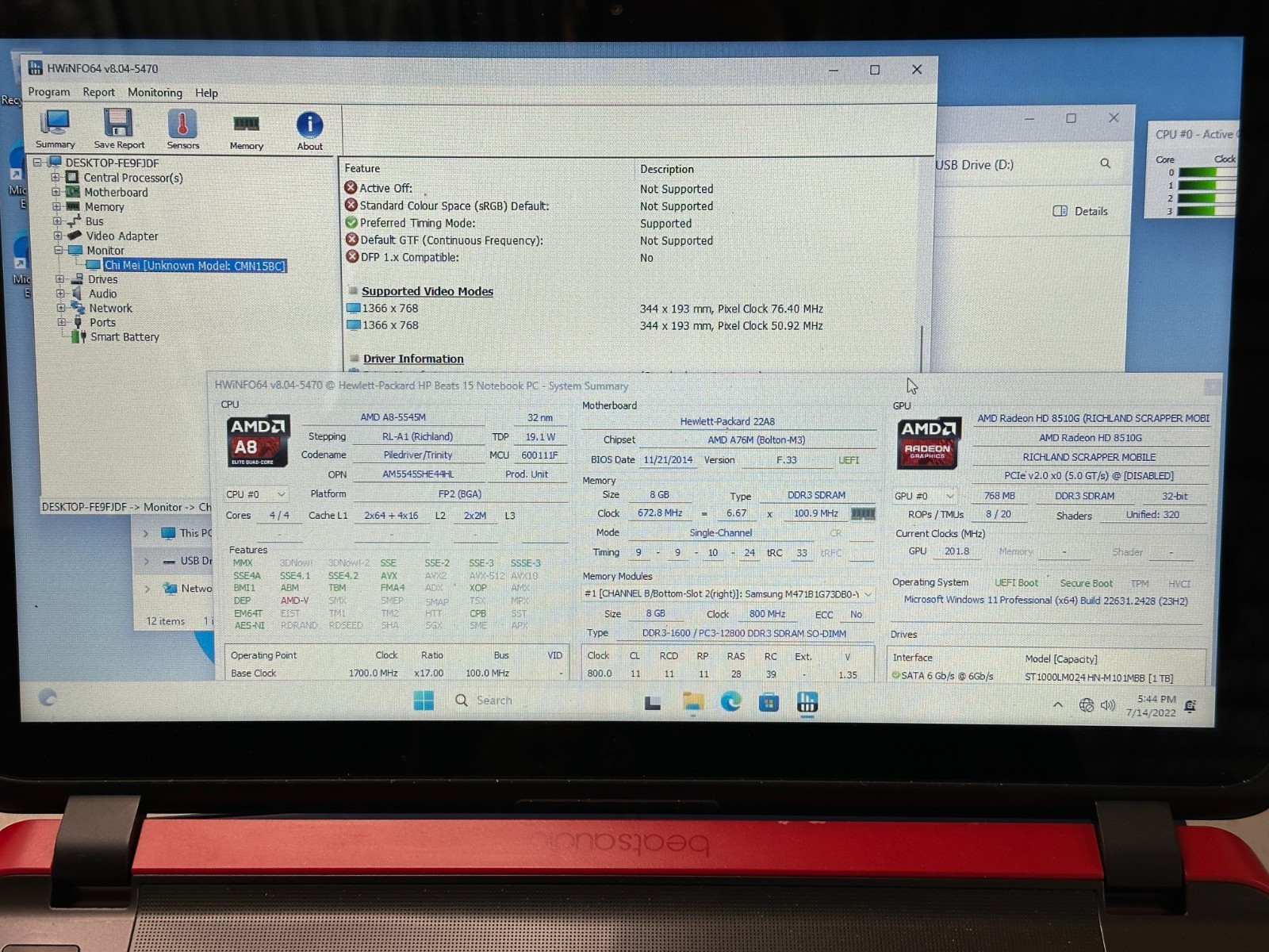 HP Beats laptop 15-p030nr A8-5545M 8GB RAM 1TB HDD Win 11 NO BATTERY/AC #04
