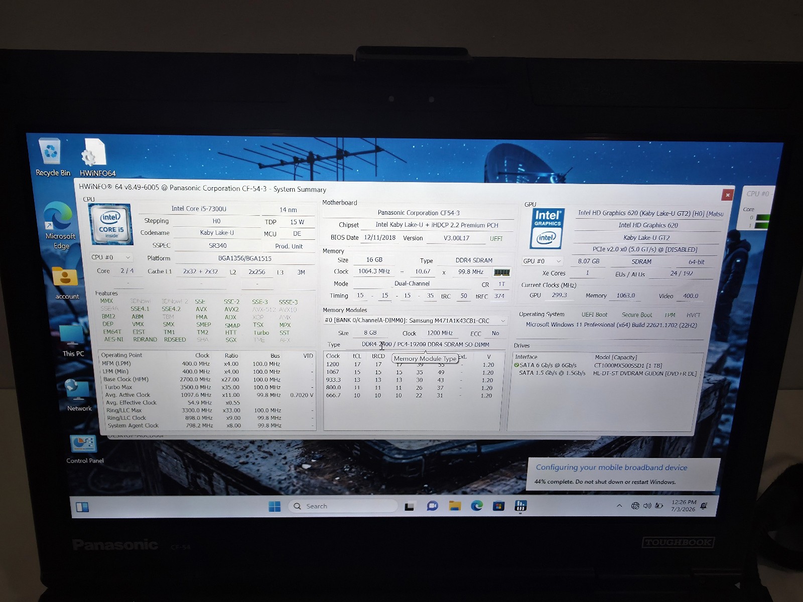 Panasonic CF-54 MK3 i5 7th gen 1TB SSD 16GB 4G LTE GPS Touchscreen W11 10K hour