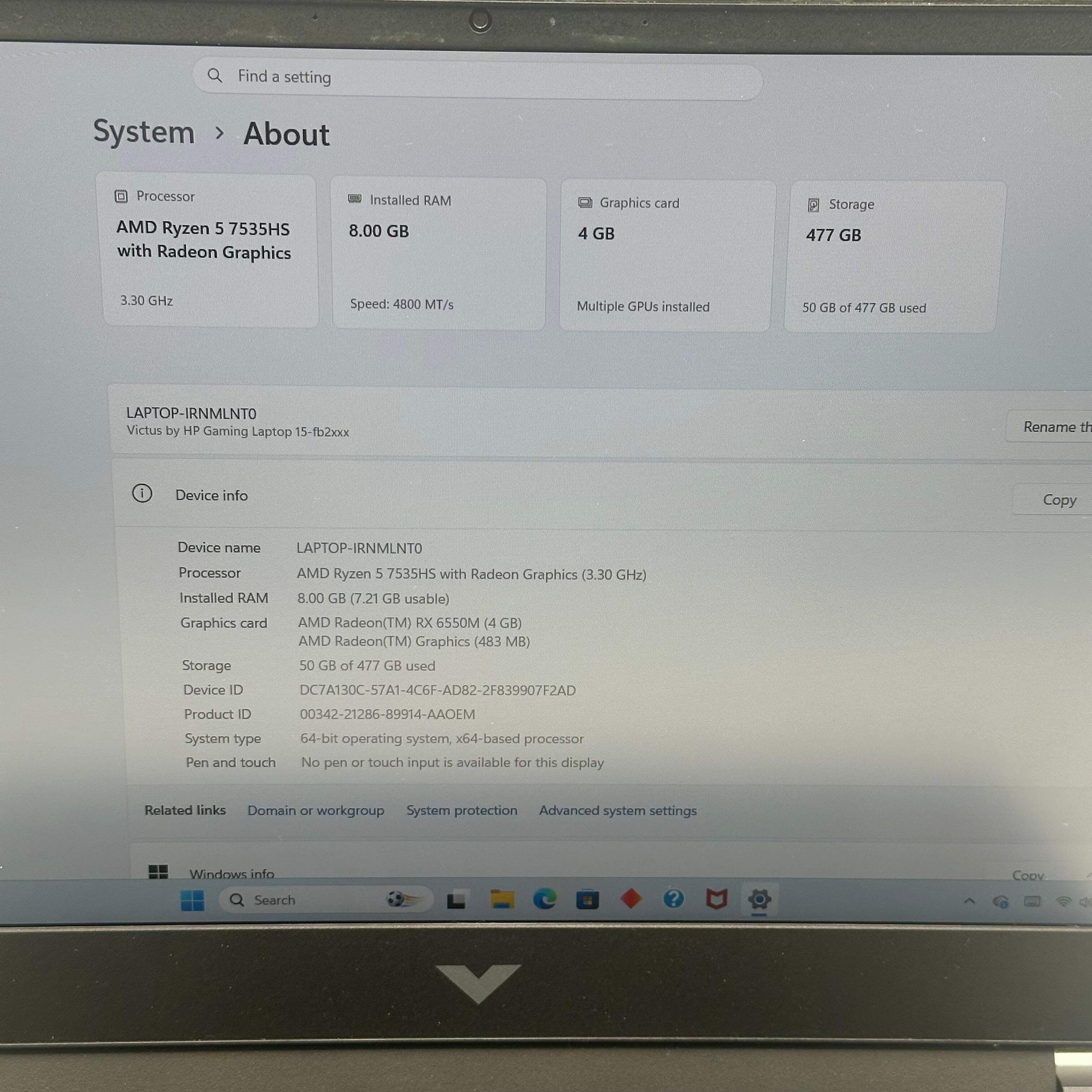 HP 15-fb2063dx 15.6″ Ryzen 5 7535HS 8GB 512GB SSD RX 6550M Laptop