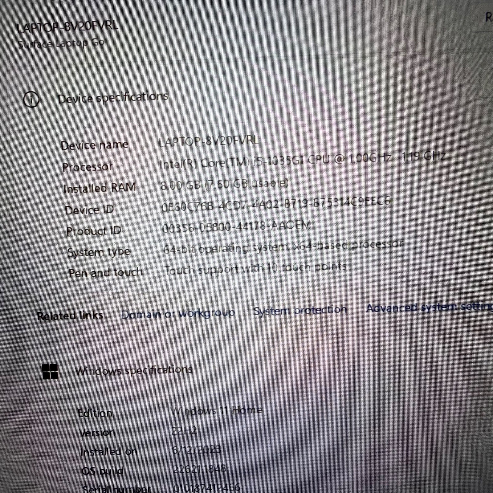 Microsoft Surface 1943 i5-1035G1 @ 1.0GHz 8GB RAM 128GB NVMe W11H WAC *READ