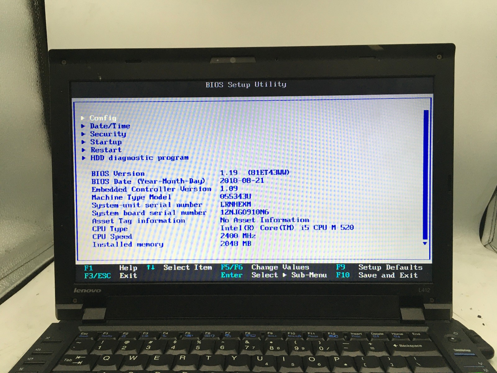 LENOVO THINKPAD L412 – BOOTS TO BIOS – INTEL I5 M520 – NO RAM – READ DESC – BB