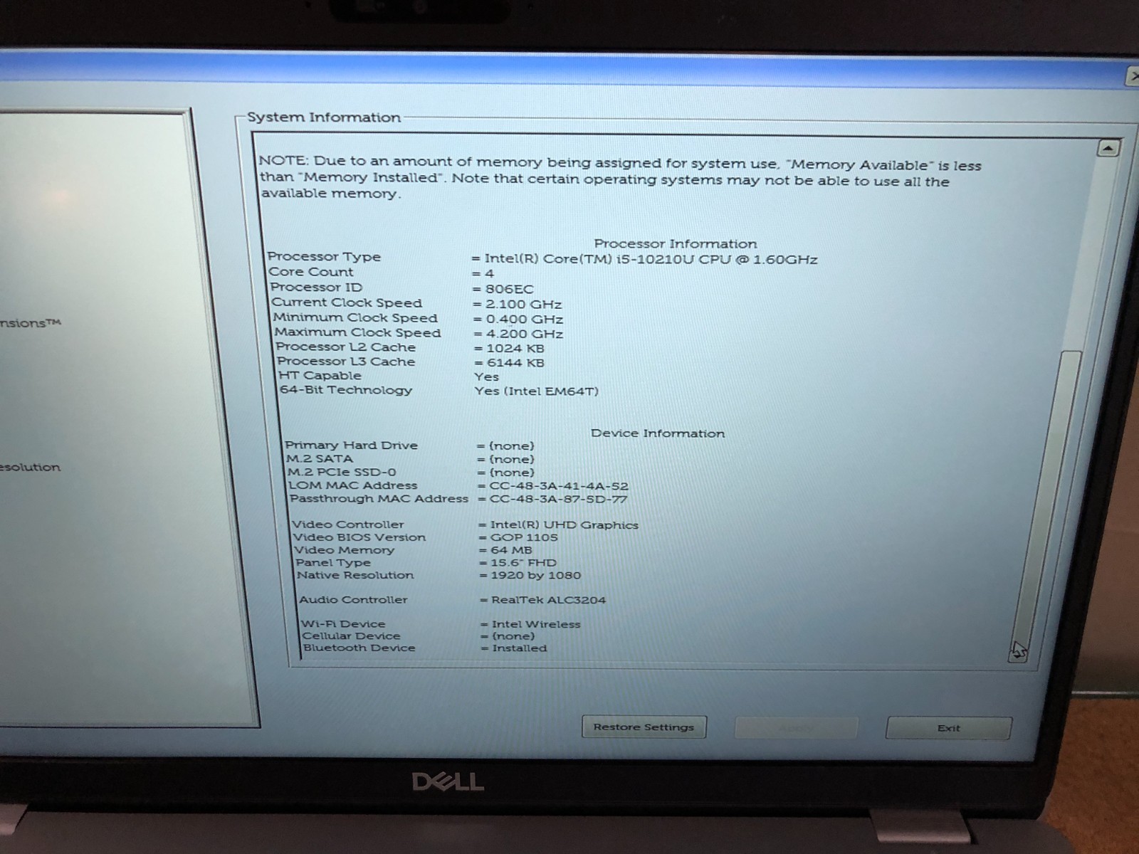 Dell Latitude 5510 sku 6784 15.6″ i5-10210U 8GB RAM Win11 NO SSD or A/C Tested!