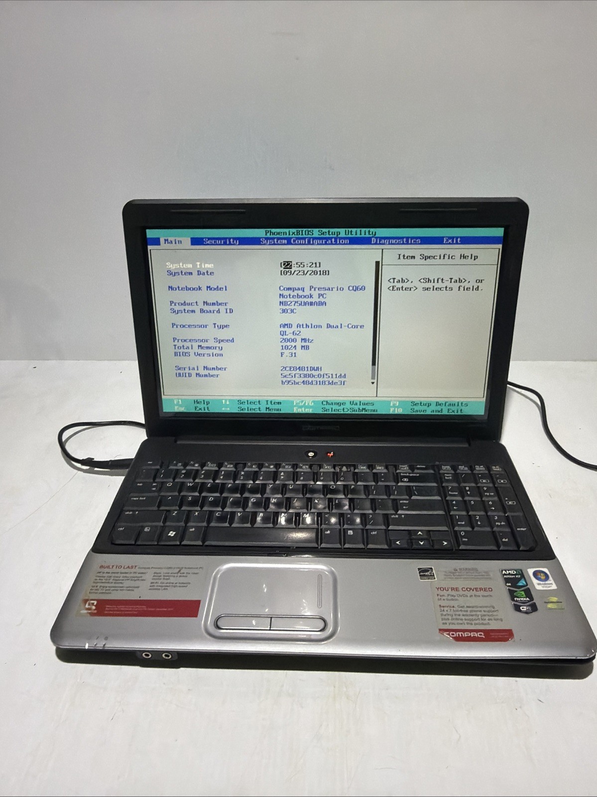 Compaq Presario CQ60 15″ Laptop AMD Athlon QL-62 1gb Ram No Drives Boots Bios