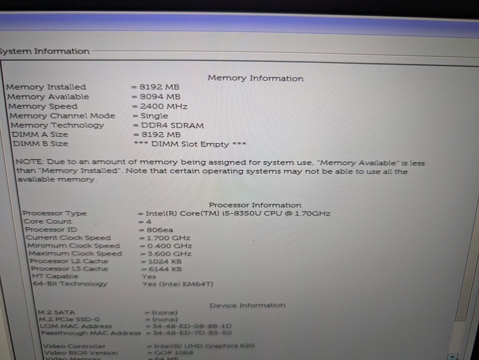 Dell Latitude 7490 Intel i5-8350U 8GB RAM – No Storage/OS/AC Charger – As Is