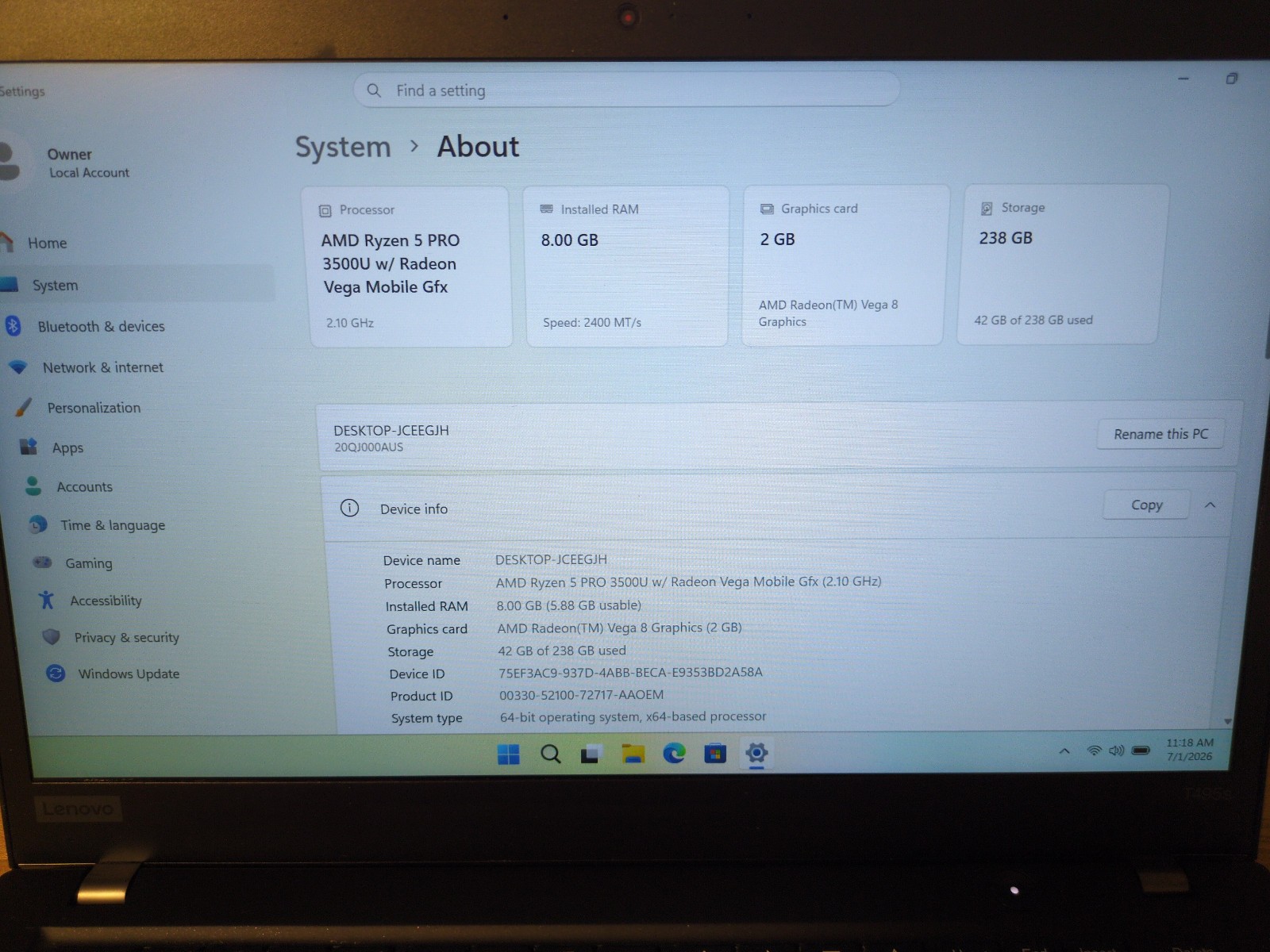 Lenovo ThinkPad T495s | Ryzen 5 3500U | 8GB RAM | 256GB SSD | WIN 11 PRO Laptop
