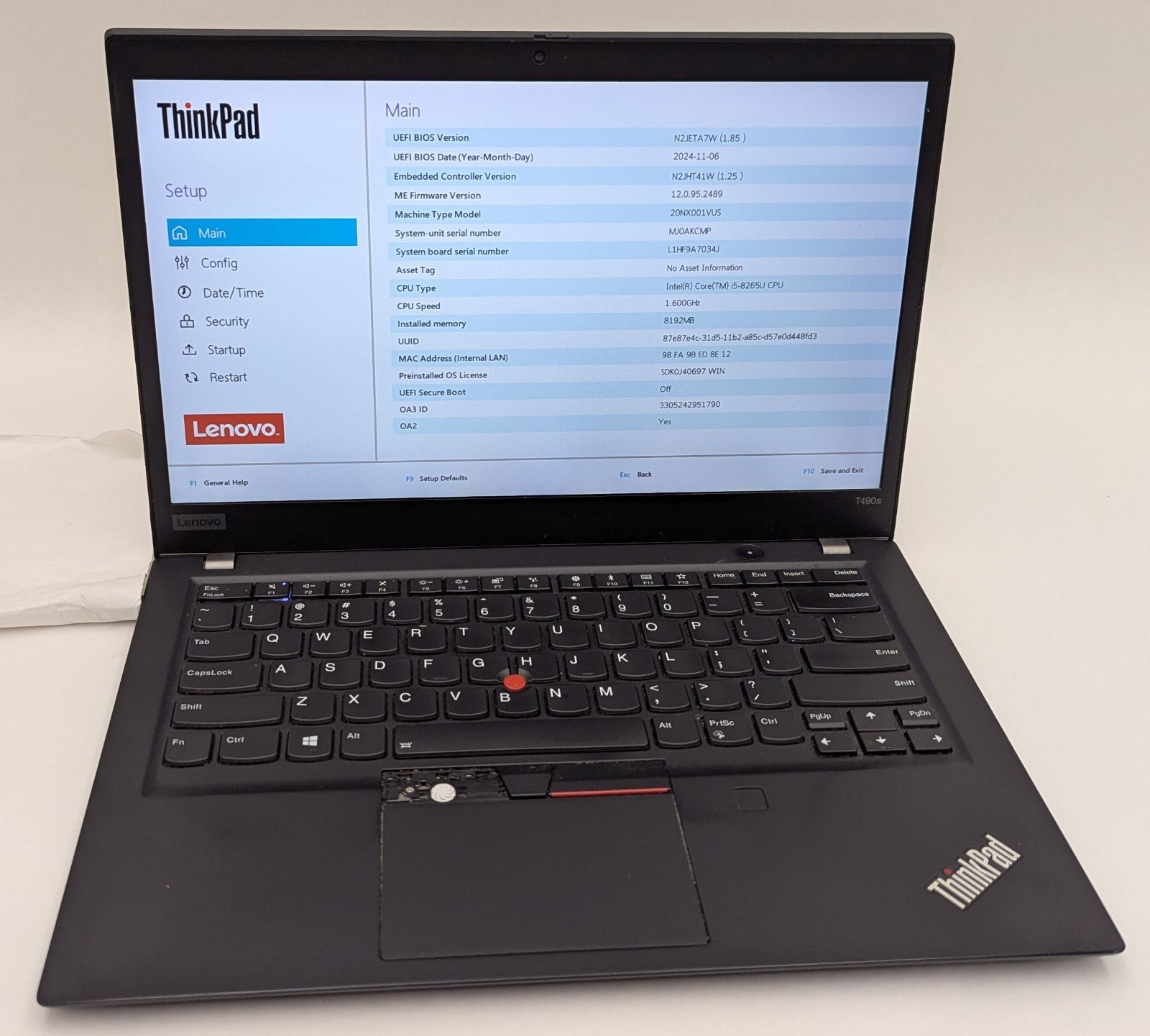 Incomplete Lenovo ThinkPad T490s 14″ Laptop Intel i5-8265U 1.60GHz 8GB RAM