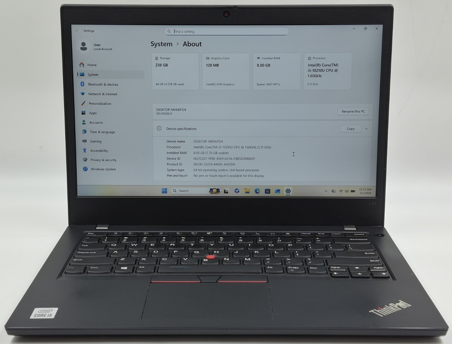 Lenovo ThinkPad L14 Laptop i5-10210U 1.60GHz 8GB RAM 256GB NVMe Win 11 Pro