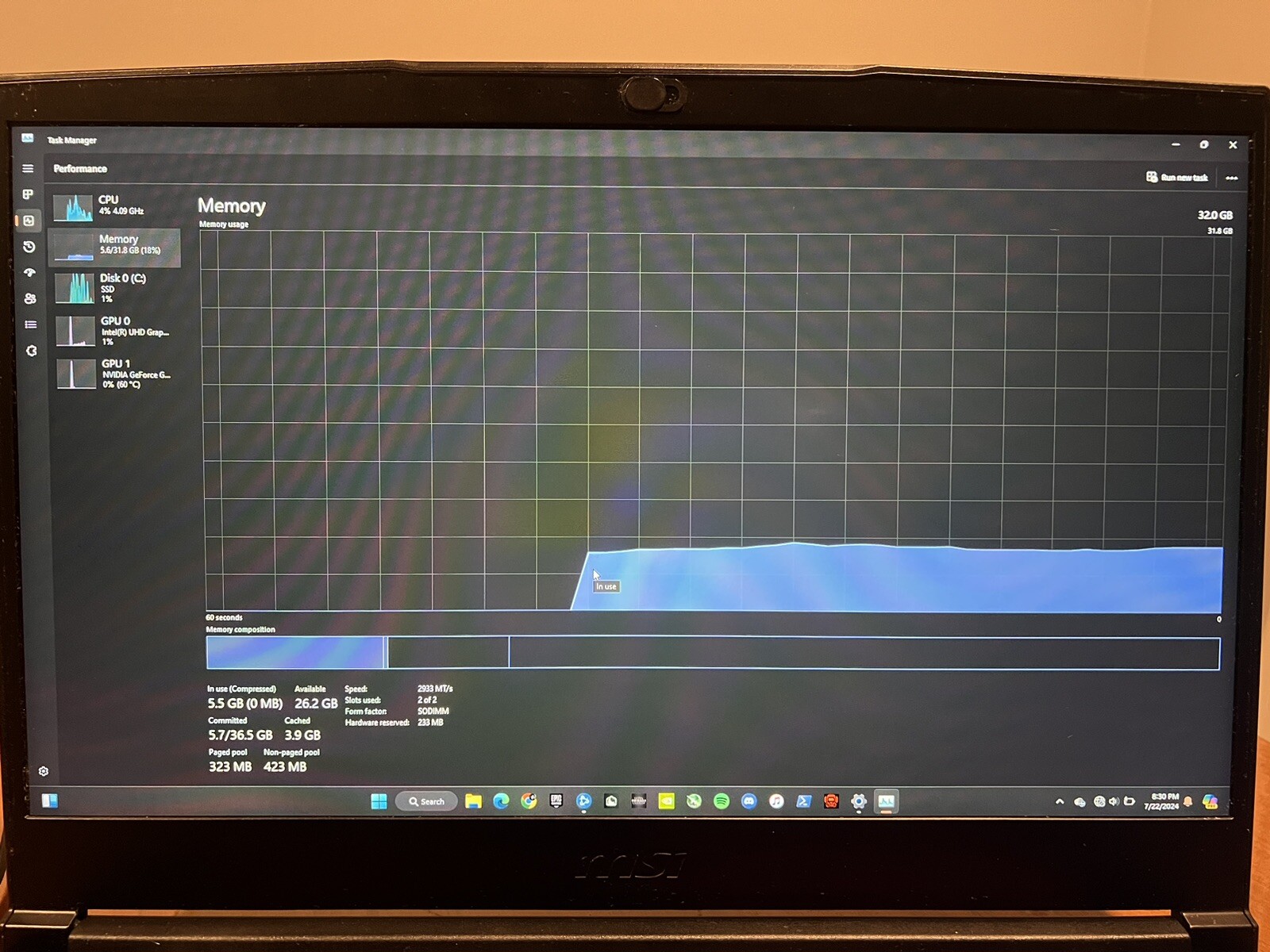 MSI GF63 Thin 15.6”, 1TB M.2 SSD, 32GB RAM, i5 10th Gen, GTX 1650, Windows 11