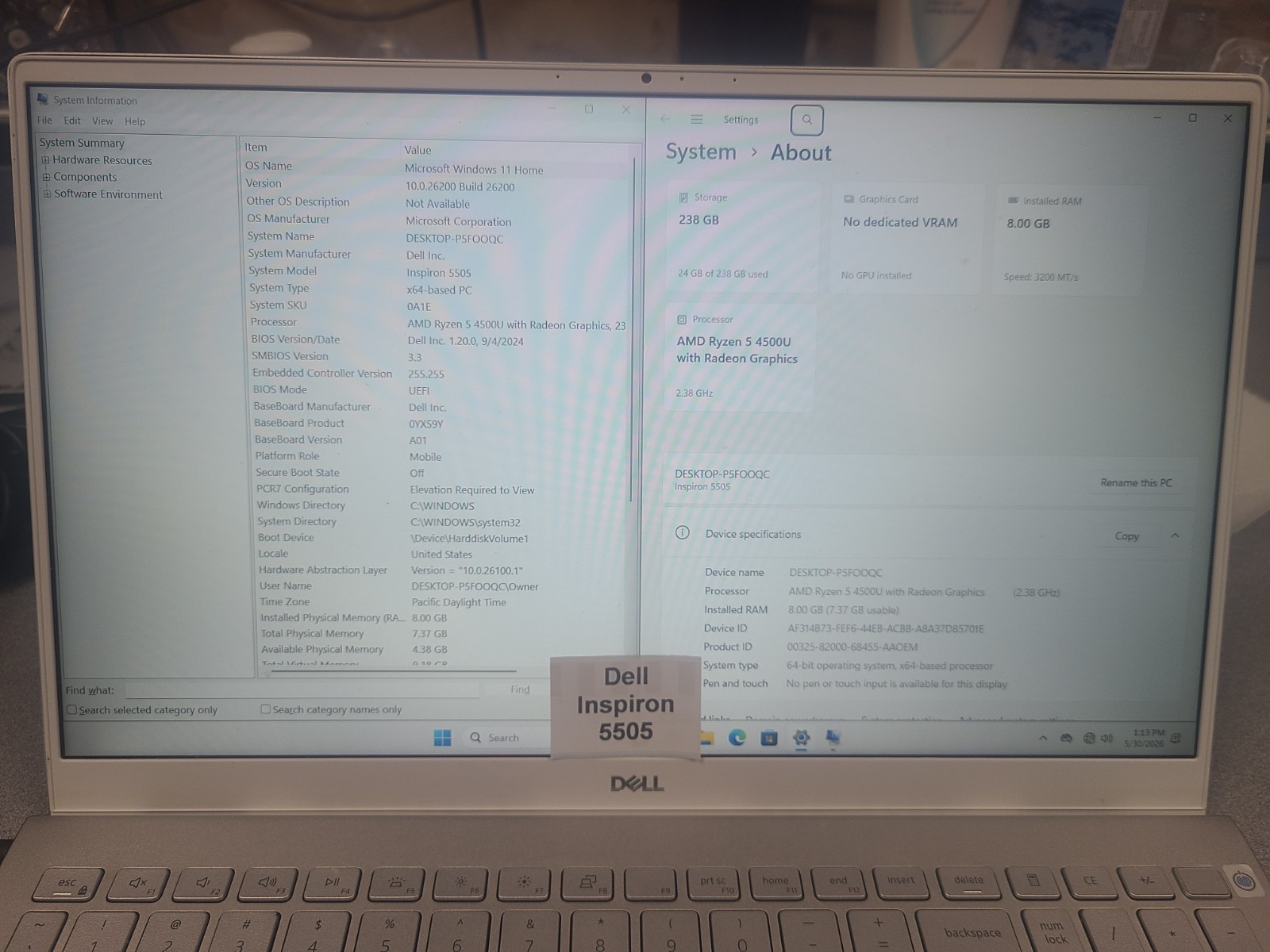 Dell Inspiron 5505 15.6″ Ryzen 5 4500U 8GB RAM 256SSD **READ**