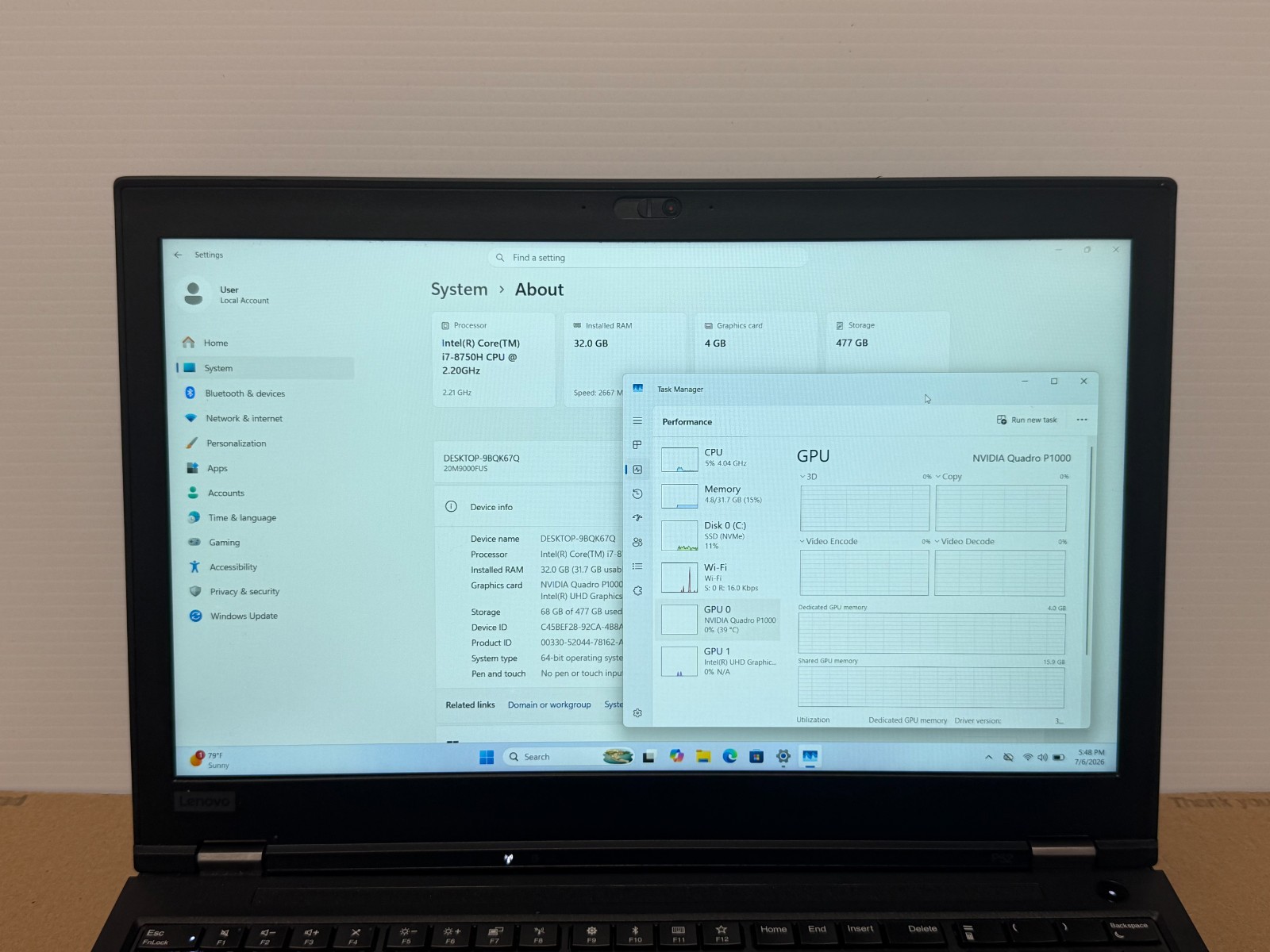 Lenovo Thinkpad P52 i7-8750H@2.2GHz 32GB Ram 512GB SSD NVMe Win 11