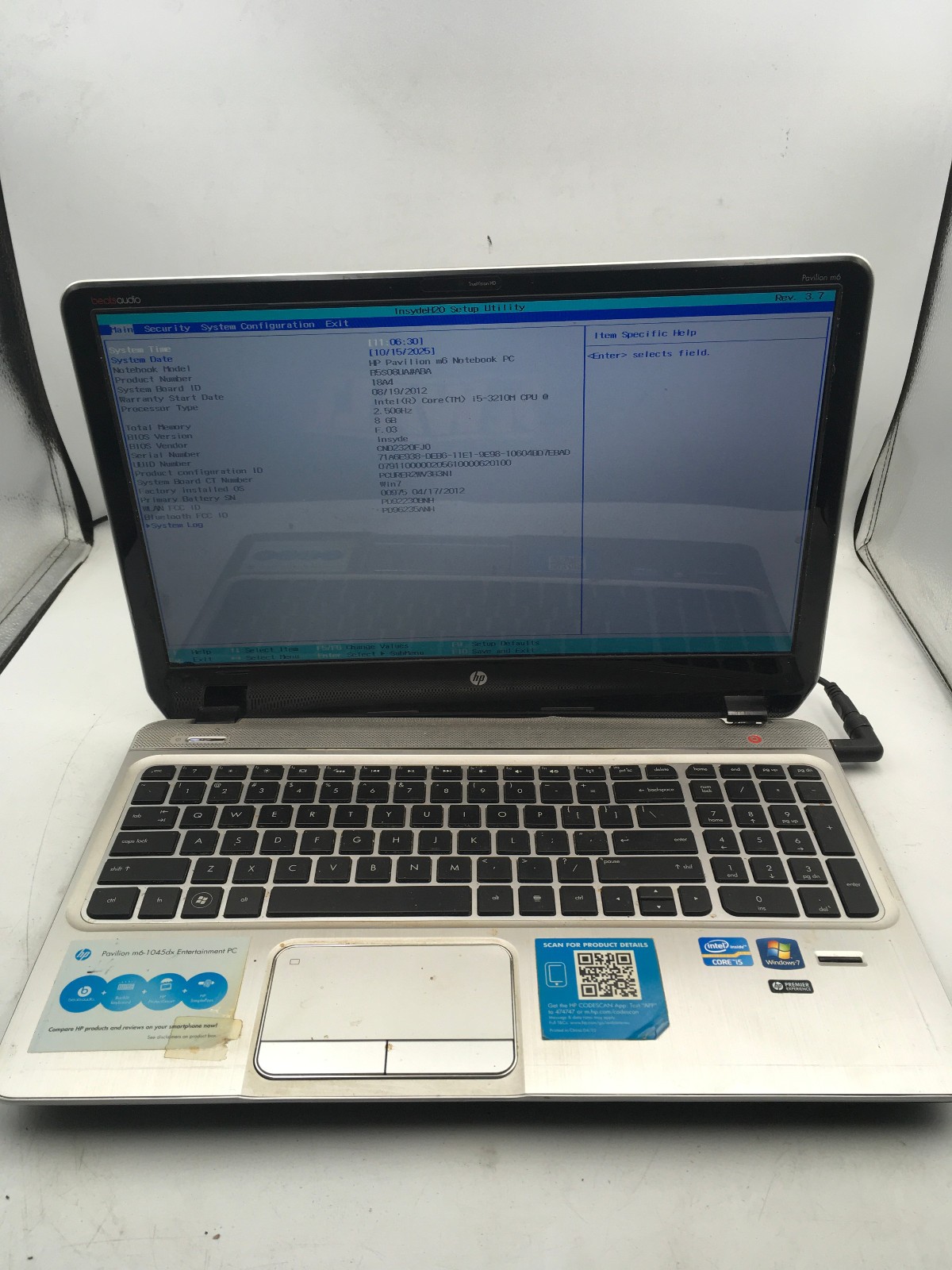 HP PAVILION M6 – BOOTS TO BIOS – INTEL I5 3210M – 8GB RAM – BAD HINGE – READ -BB