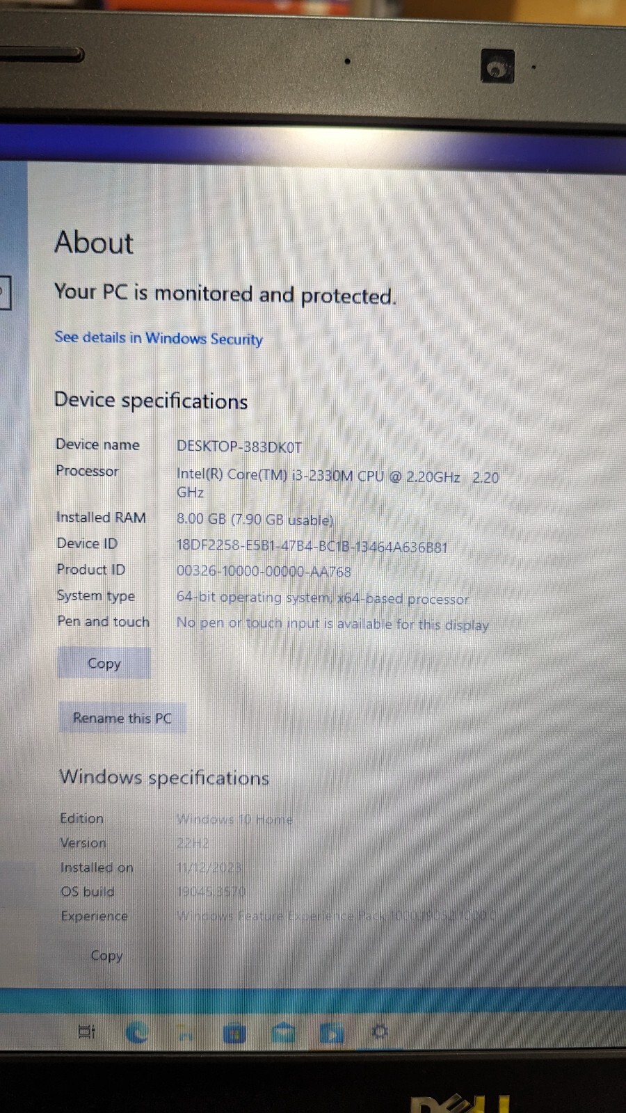 Dell System Vostro 3750 Laptop Core i3-2330M @ 2.20GHz 8GB RAM 200GB HDD