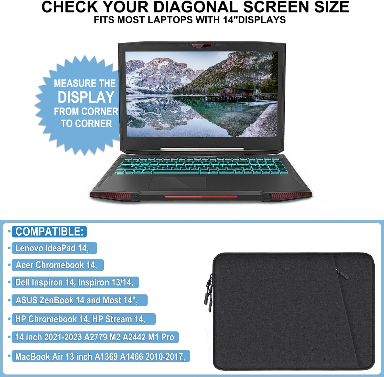 14 inch Laptop Sleeve Bag, Shockproof Protective Case with Accessory Pocket, Bla