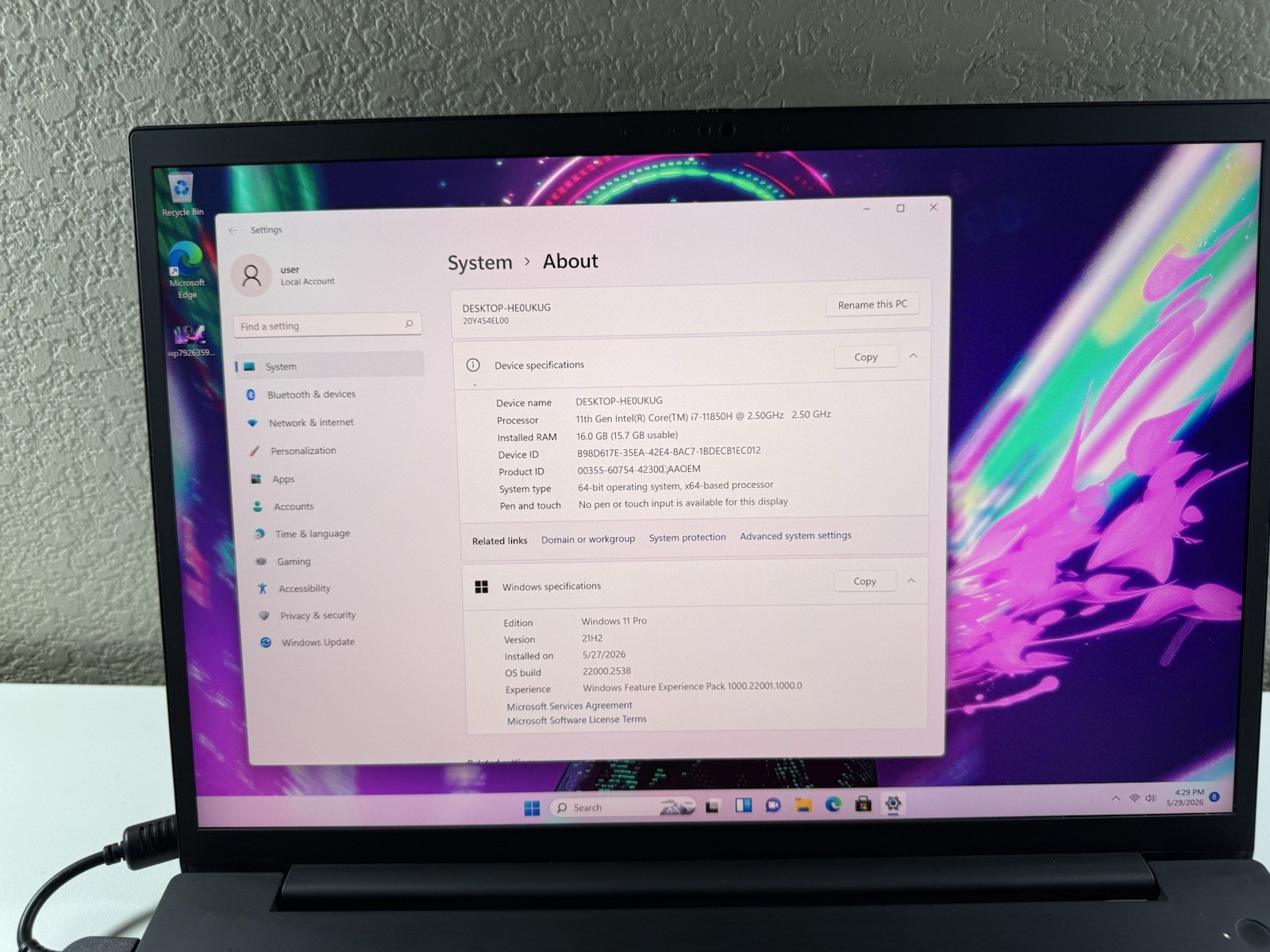 LENOVO THINKPAD P1 Gen 4 4K I7-11850H 512GB 16GB NVIDIA T1200 WIN11 NO BATTERY