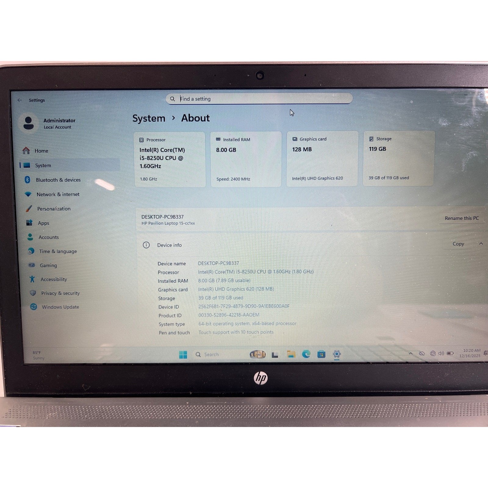 HP Pavilion Laptop 15-cc123cl Intel Core i5-8250U 8GB 128GB 15.6″ Trackpad prob