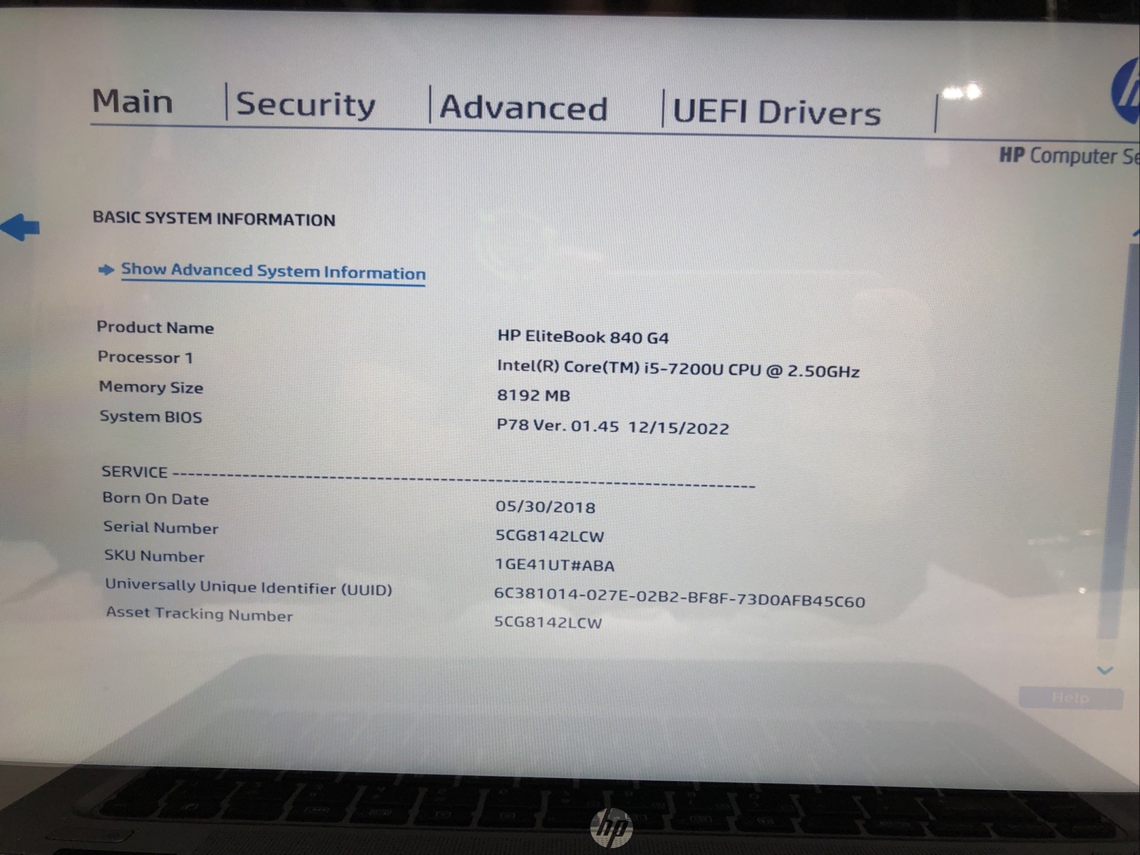 HP EliteBook 840 G4, Intel Core i5-7200U @2.50Ghz, NO RAM, NO SSD, TESTED PWR ON