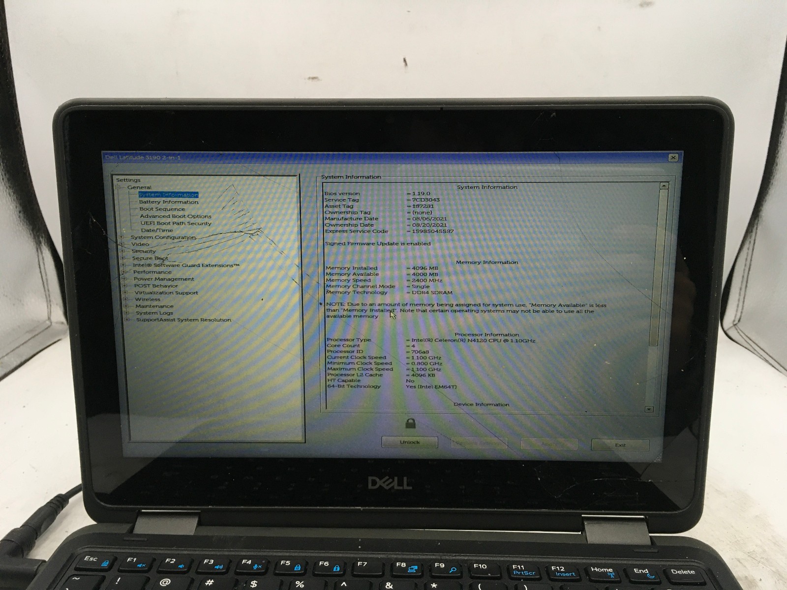 DELL LATITUDE 3190 -BOOTS TO BIOS/LOCKED BIOS- INTEL CELERON N4120 – 4GB RAM -BB