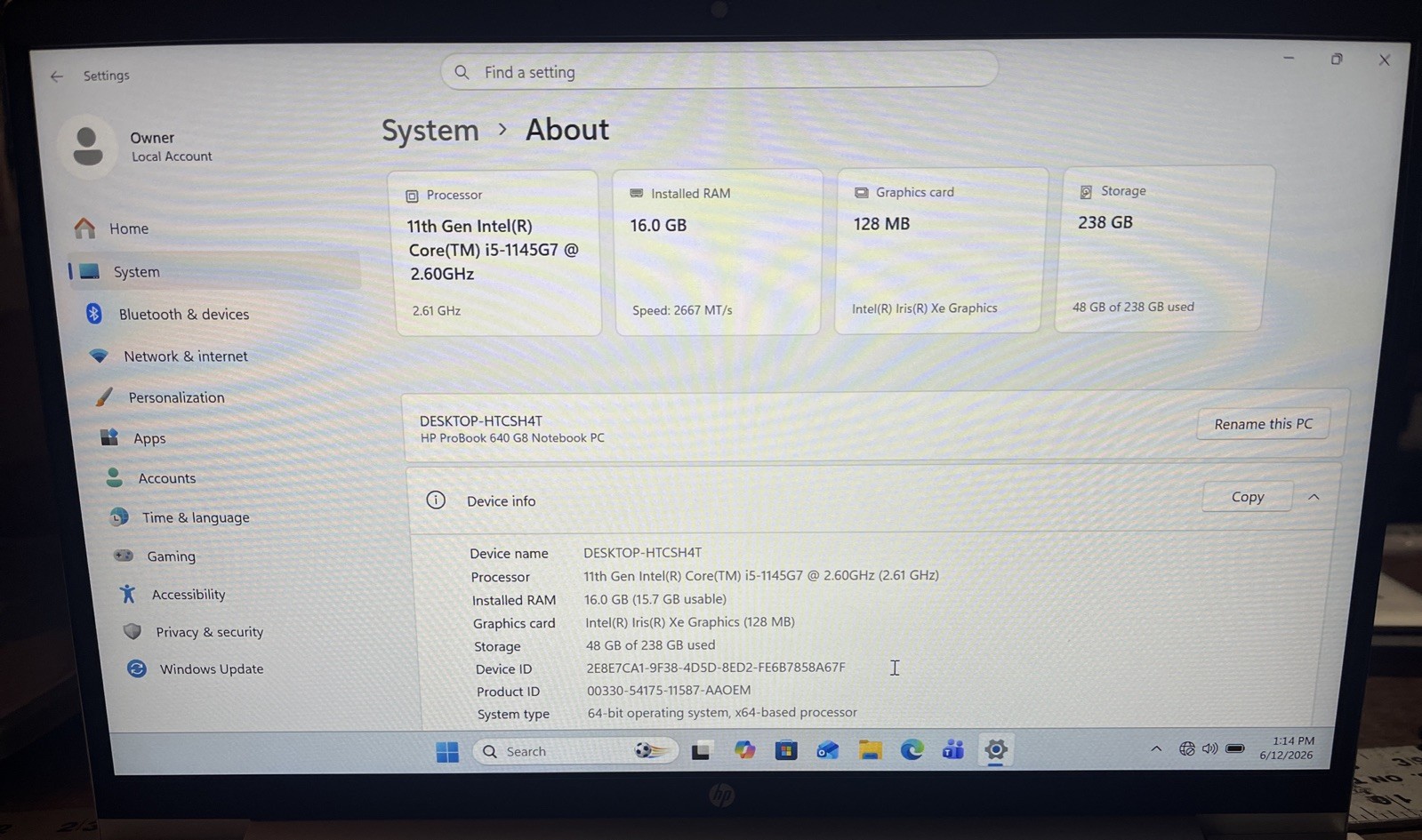 HP ProBook 640 G8 14″ i5-1145G7@2.6GHz, 16GB RAM, 256GB M2, Win 11 Pro *READ*