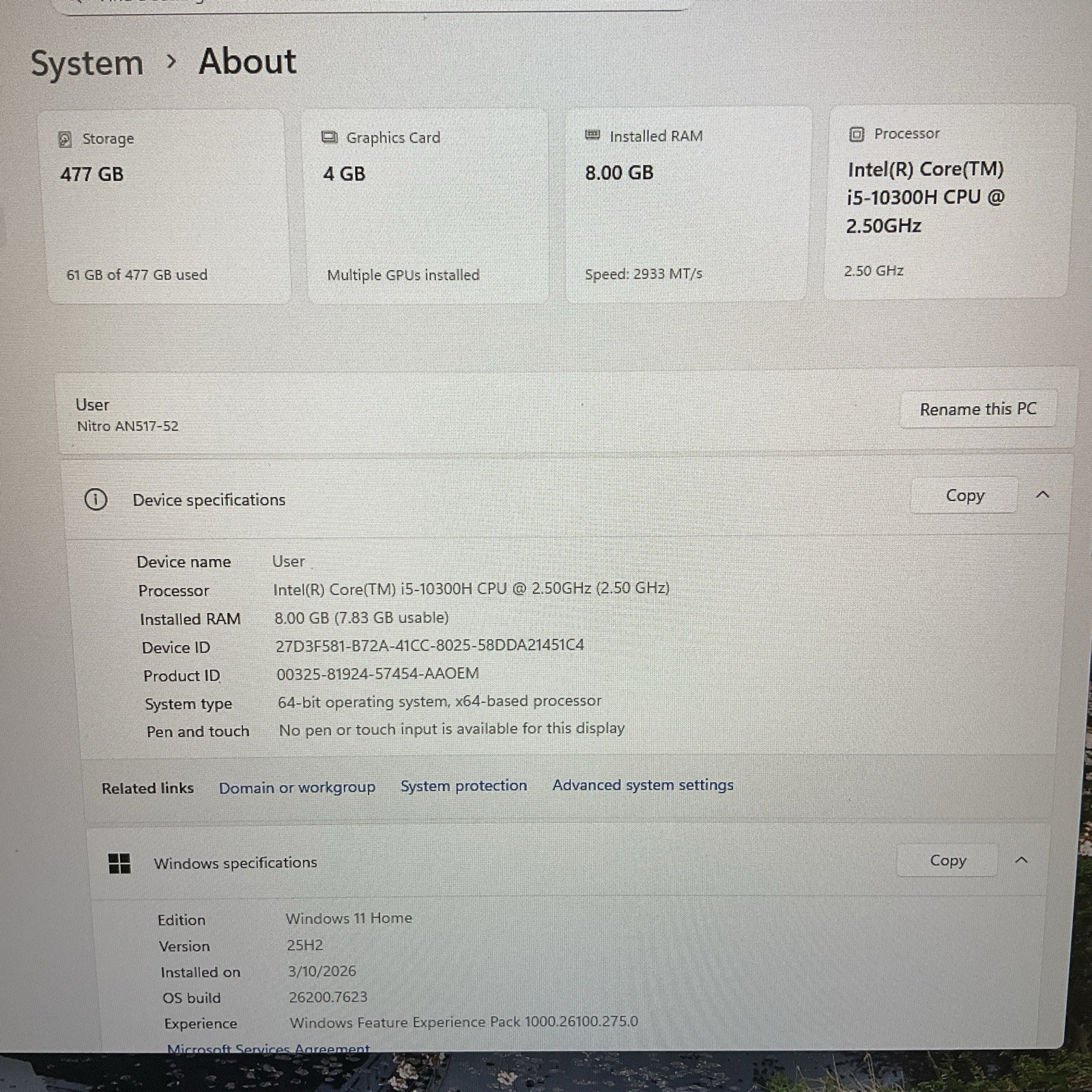 Acer Nitro 5 V Laptop Intel i5-10300H 8GB RAM 512GB SSD GeForce GTX1650 Ti