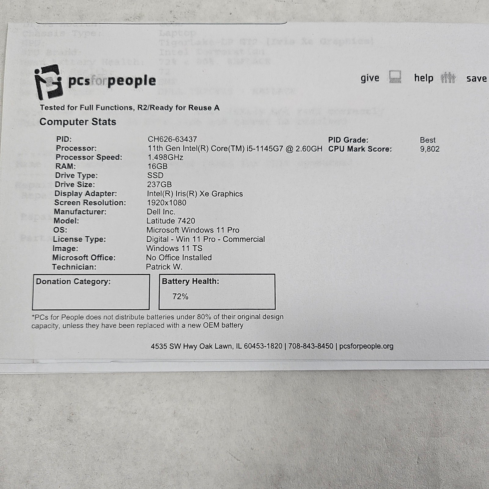 Dell Latitude 7420 i5-1145G7 2.60GHz 16GB RAM 256GB SSD WIN 11 Pro 14″ *Read