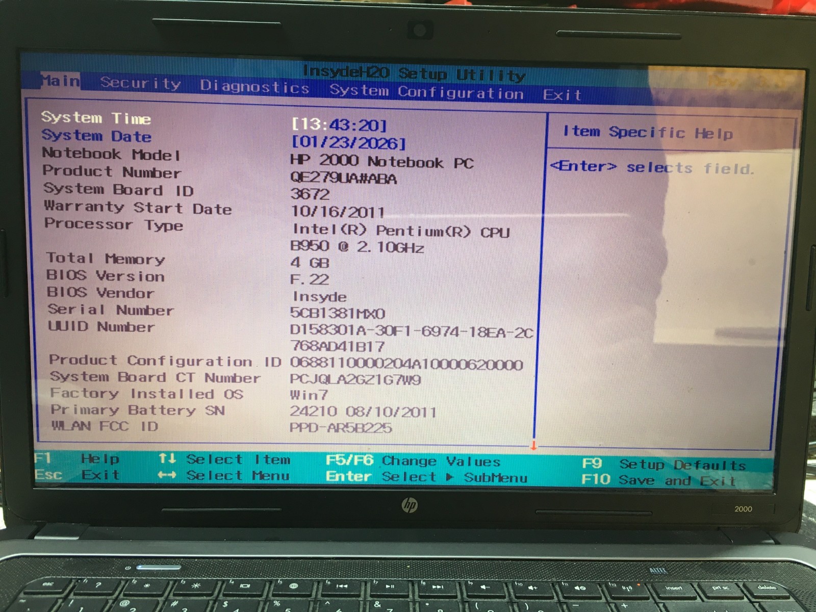 HP 2000-350US Intel Pentium B950 2.1GHz 4 GB NO HDD