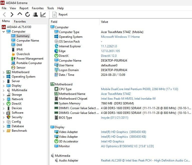 15.6″ Acer TravelMate 5744Z-4603 (Pentium P6300/8GB RAM/512GB SSD) Win 11 Home