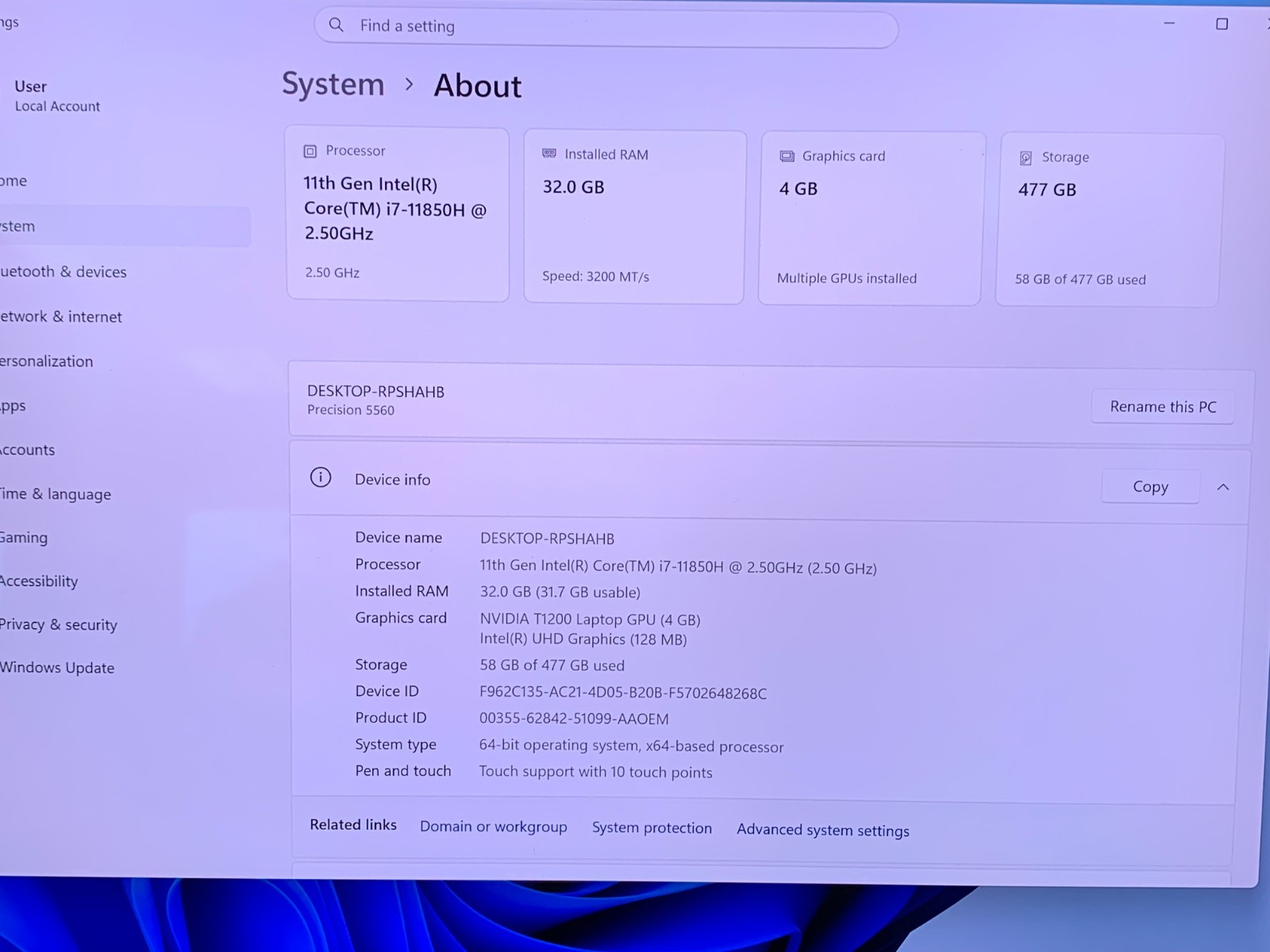 Dell Precision 5560 15.6″ UHD+ Touch i7-11850H 32GB 512GB NVMe NVIDIA T1200