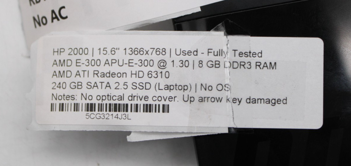 HP 2000 15.6″ AMD E-300 8GB RAM 240 GB SSD NO OS *PARTS/REPAIR*