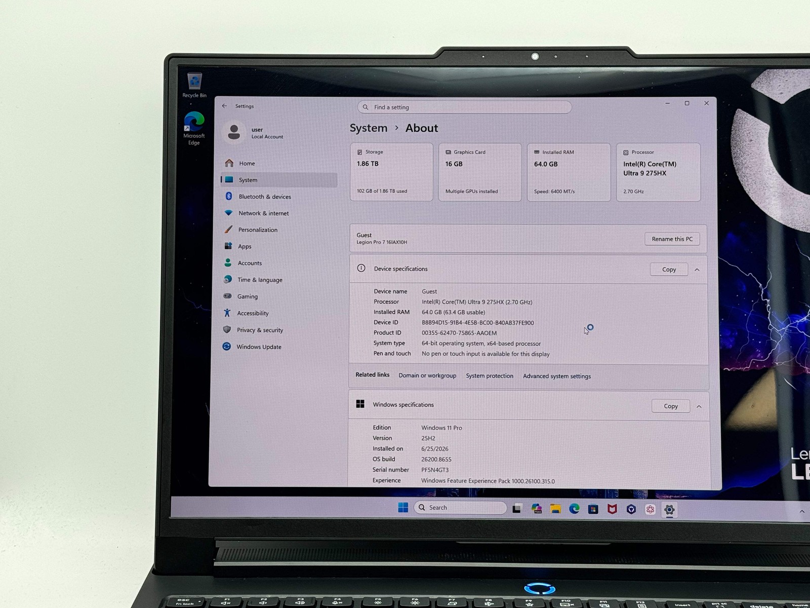 Lenovo Legion Pro 7 16IAX10H 16″ Ultra 9 275HX 64GB RAM 2TB SSD RTX 5080 16GB
