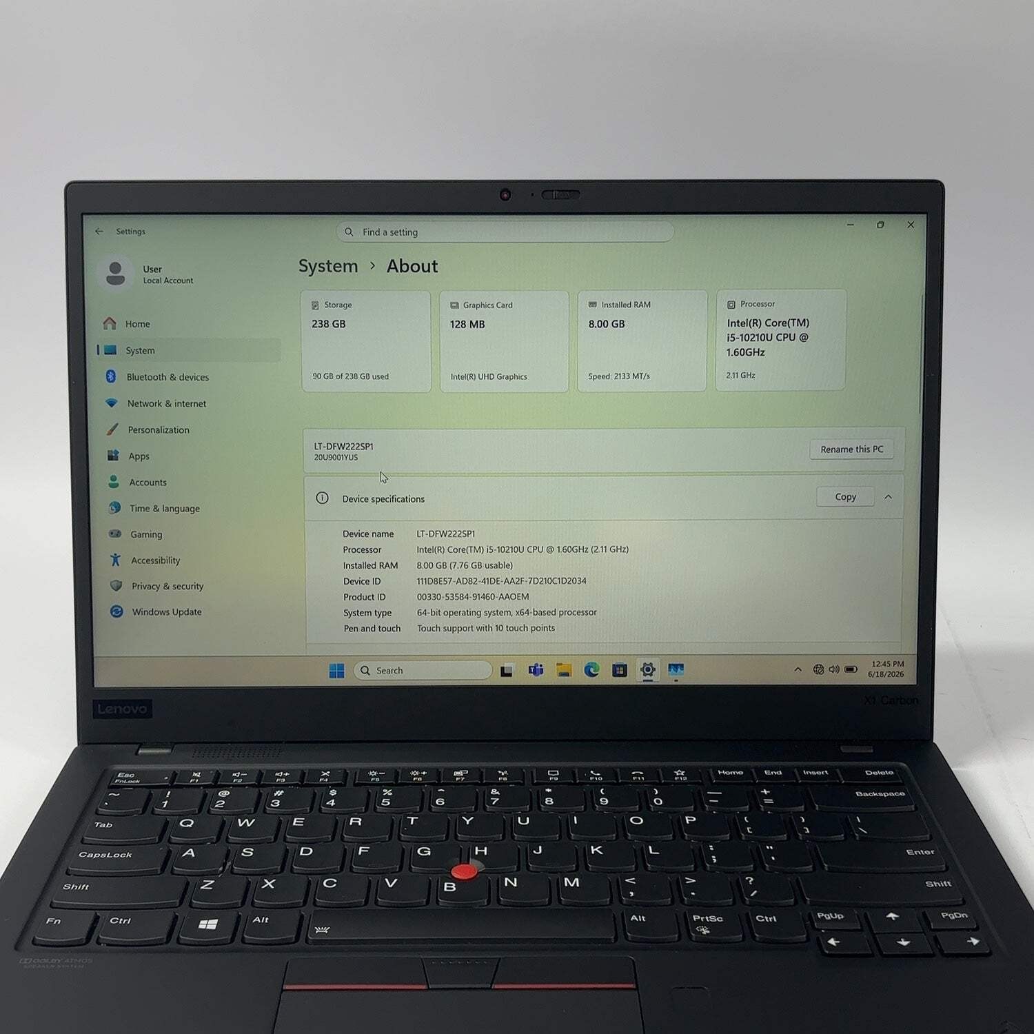 Lenovo ThinkPad X1 Carbon Gen 8 14″ i5-10210U 1.6GHz 8GB RAM 256GB SSD