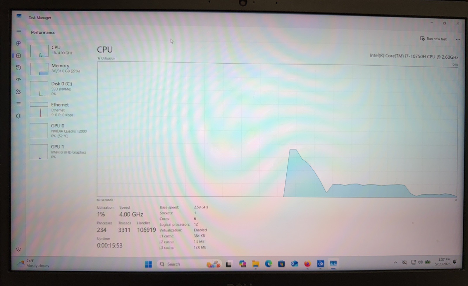Dell Precision 7550 laptop, i7-10750H, 32GB RAM, Nvidia Quadro T2000, 1TB SSD