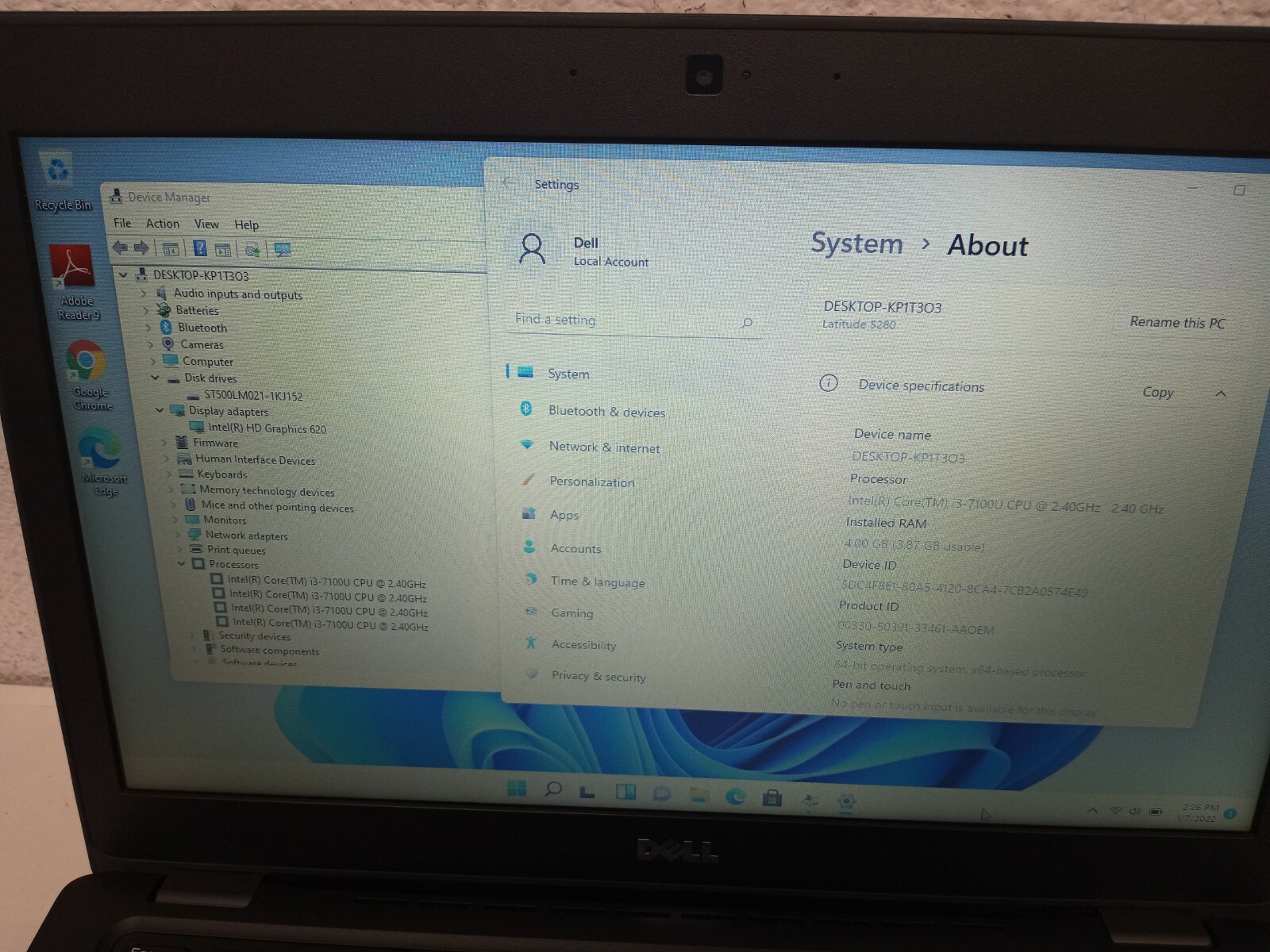 Dell Latitude 5280 12.5″ Intel Core I3-7100U 2.40GHz 4GB DDR4 500GB HDD Win11