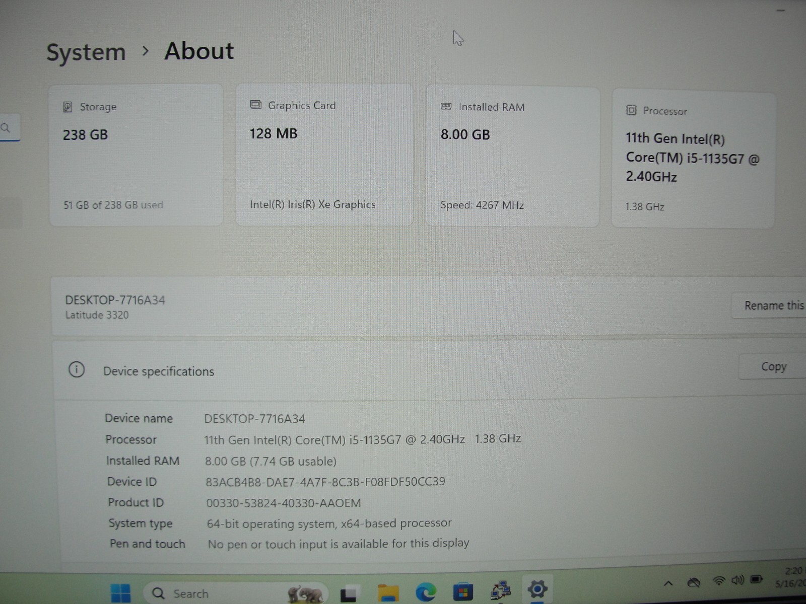 Dell Latitude 3320 13.3” FHD Intel Core i5-1135G7 2.4GHz 8GB 256GB SSD + Charger