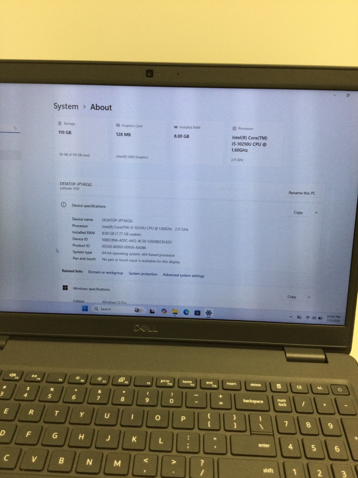 Dell Latitude 3510 15.6″intel core i5-10210U 1.60GHz 8GB RAM 128GB SSD W11P
