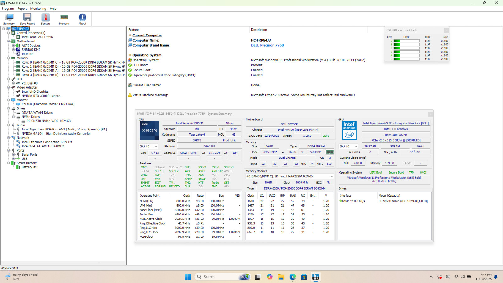 Dell Precision 7760 17.3″ FHD, Xeon W-11855M ,64GB,1TB, RTX A3000 *Pls READ*