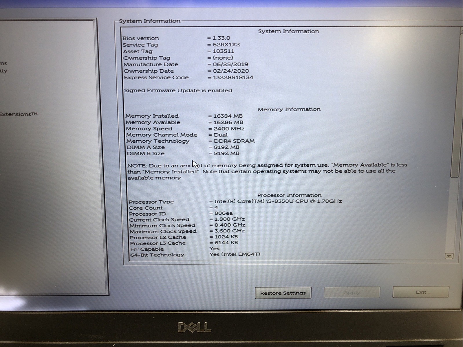 Dell Latitude 5590, Intel Core i5-8350U @1.70Ghz, 16GB RAM, NO SSD/OS, Tested!