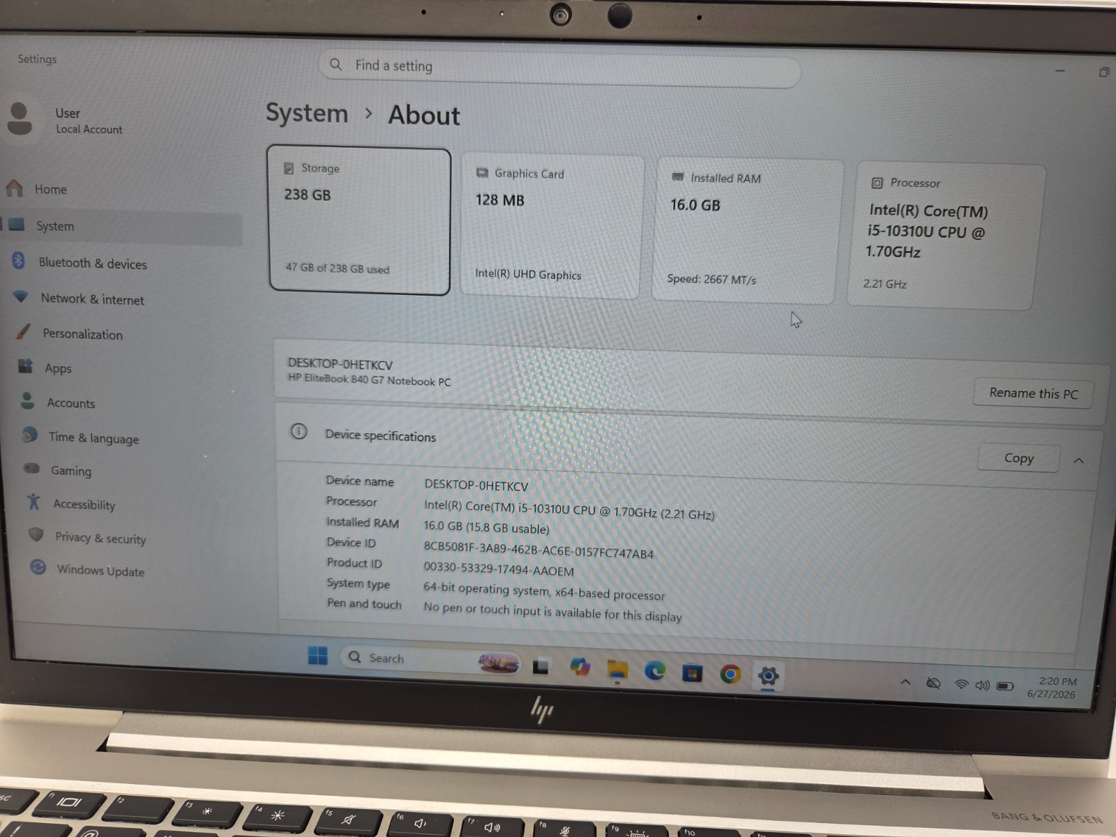 HP ELITEBOOK 840 G7 i5-10310U 1.70GHZ 16GB–256GB SSD WIN 11 PRO