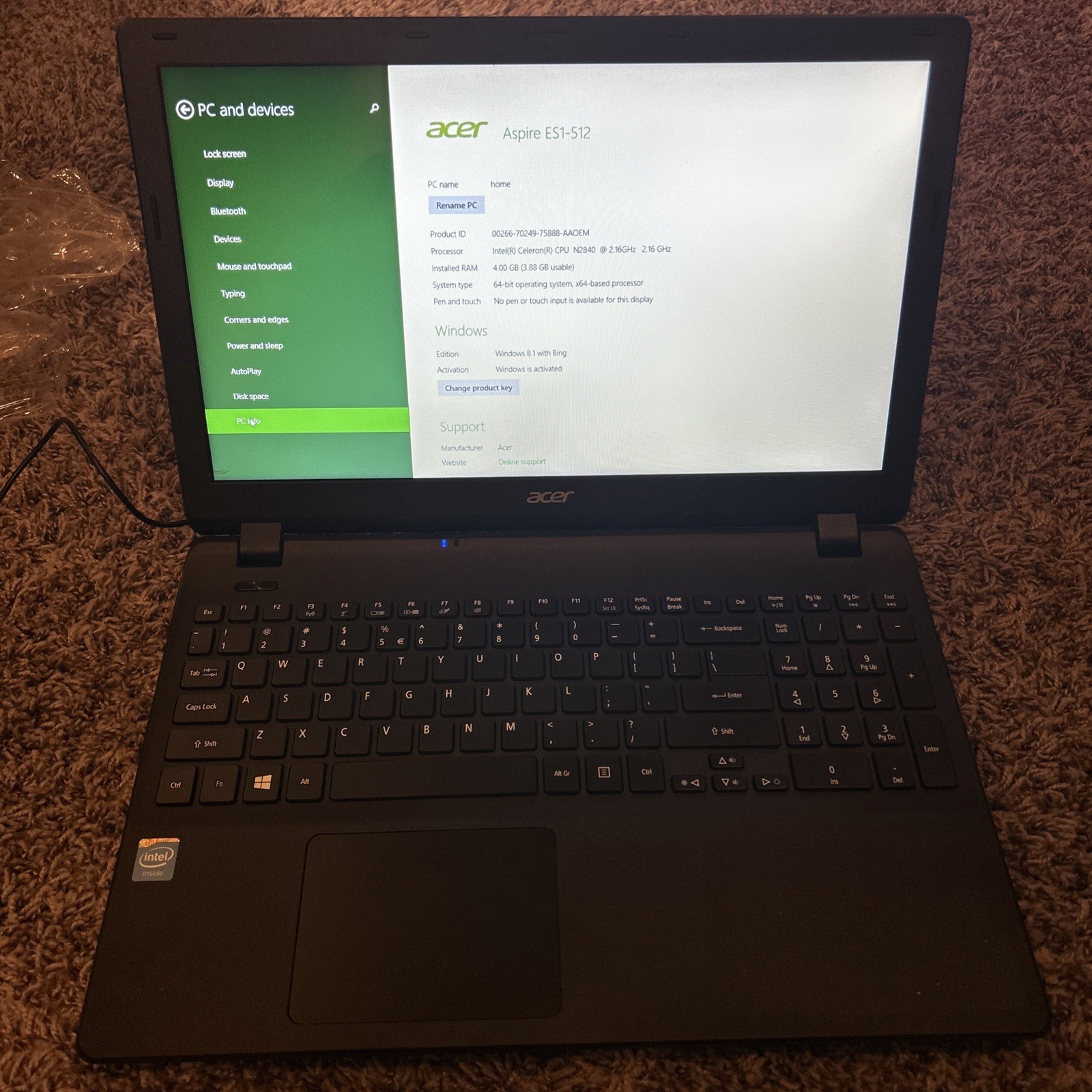 ACER ES1-512 MS2394 Intel Celeron N2840 @ 2.16Ghz, 4GB Ram, 500GB HDD W Charger