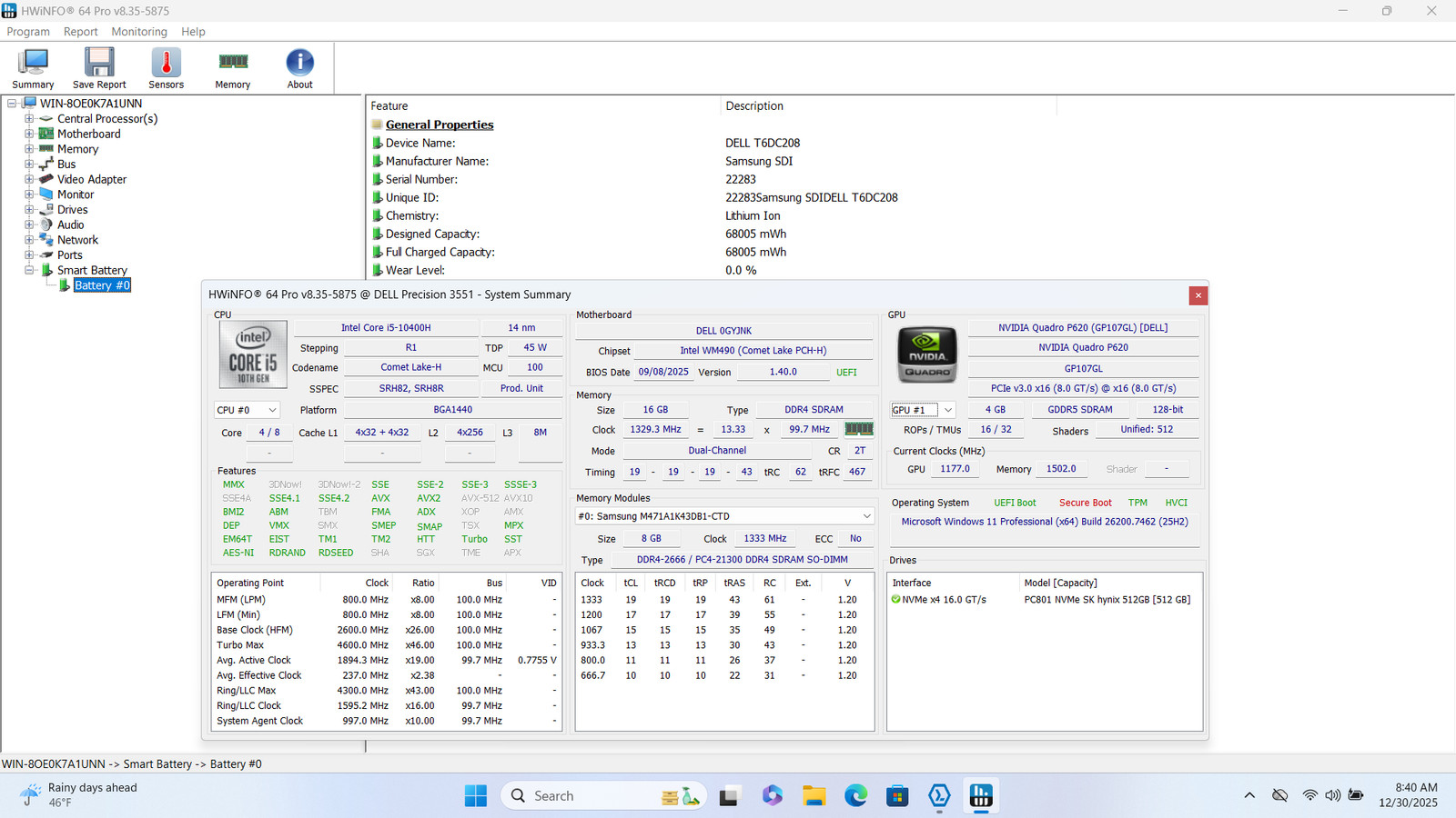 Dell Precision 3551 15″ FHD I5-10400H 512GB SSD 16GB W11P Quadro P620 *READ*