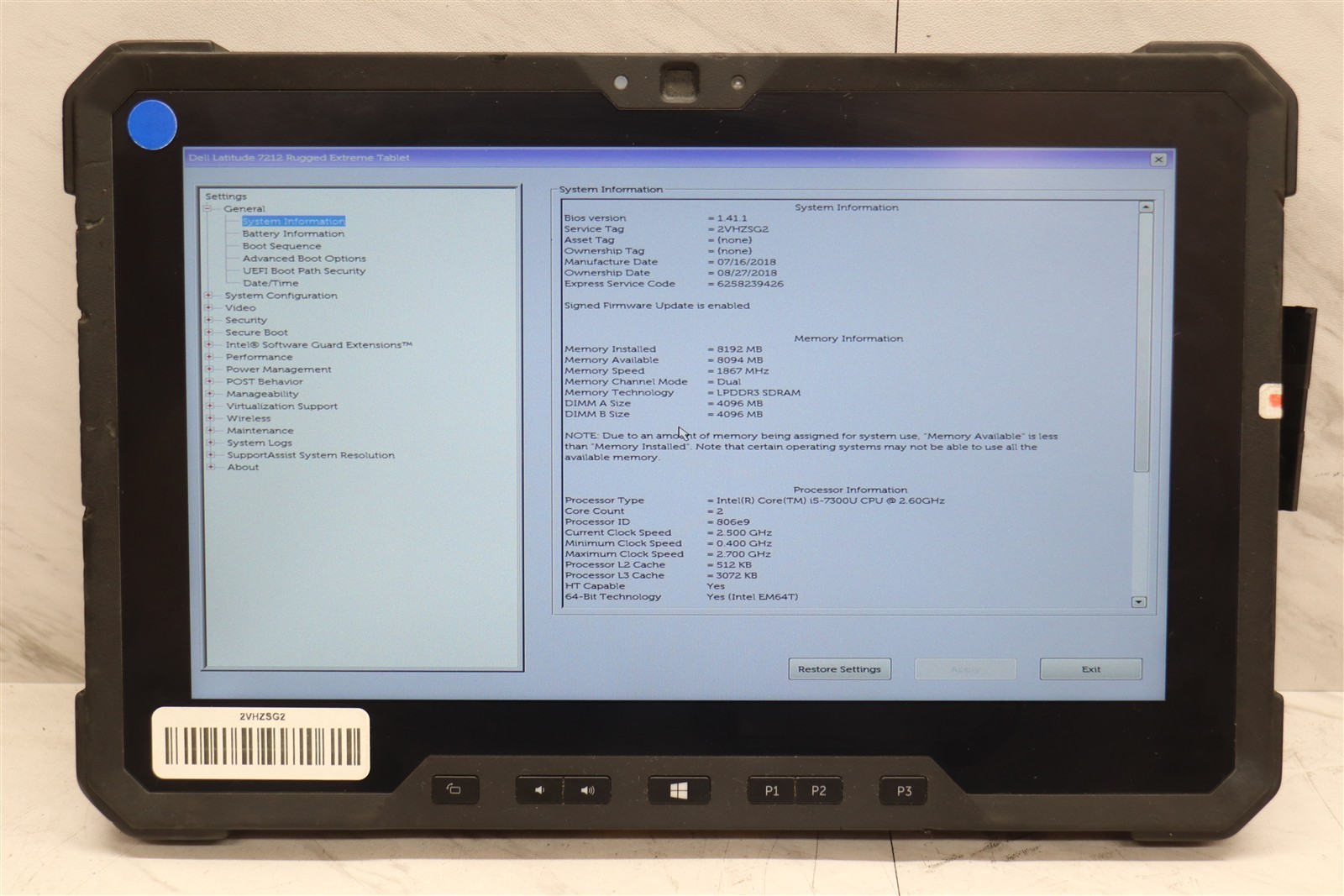 Dell Latitude 7212 Rugged Extreme Intel Core i5-7300U 8GB 128GB Tablet & Adapter