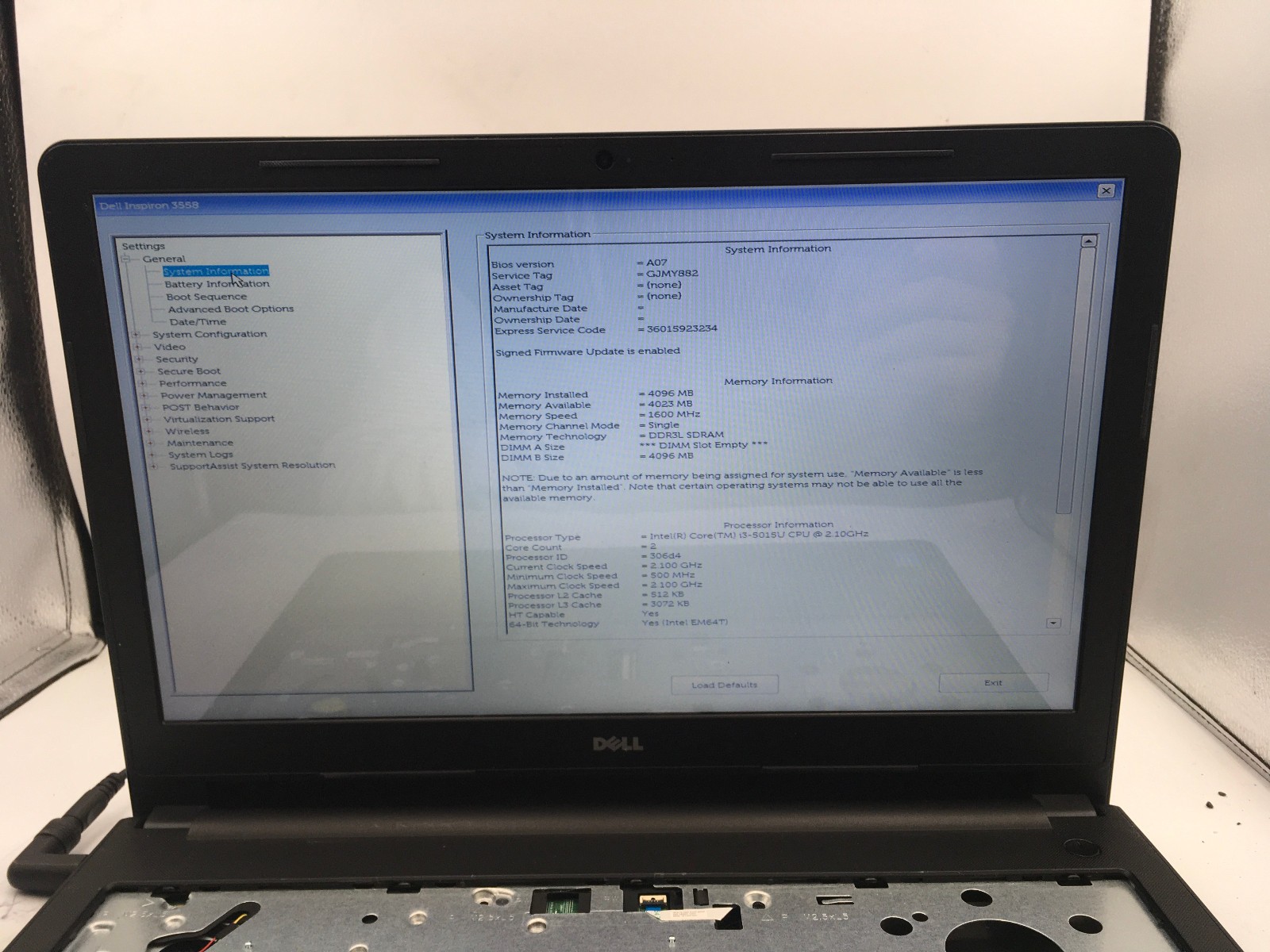 DELL LATITUDE 3558 – BOOTS TO BIOS – INTEL I3 5015U – NO RAM – READ DESCRIP – BB