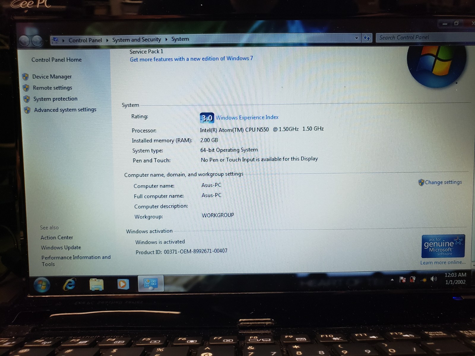 ASUS Eee PC 1015PEM • Intel N550 1.5GHz Atom • 2GB • 240GB SSD • Mint • Win7