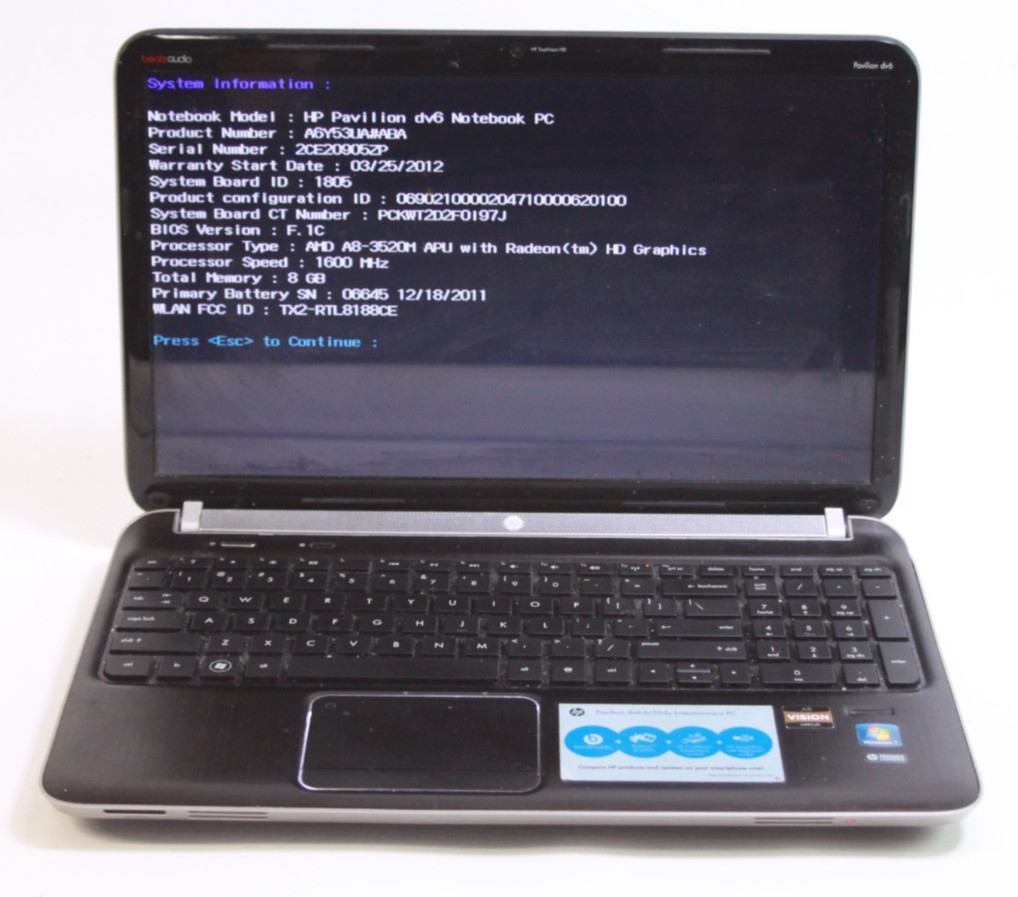 HP Pavilion DV6-6C35DX AMD A8-3520M 1.6GHz, 8GB Ram, No HDD, For Repair READ