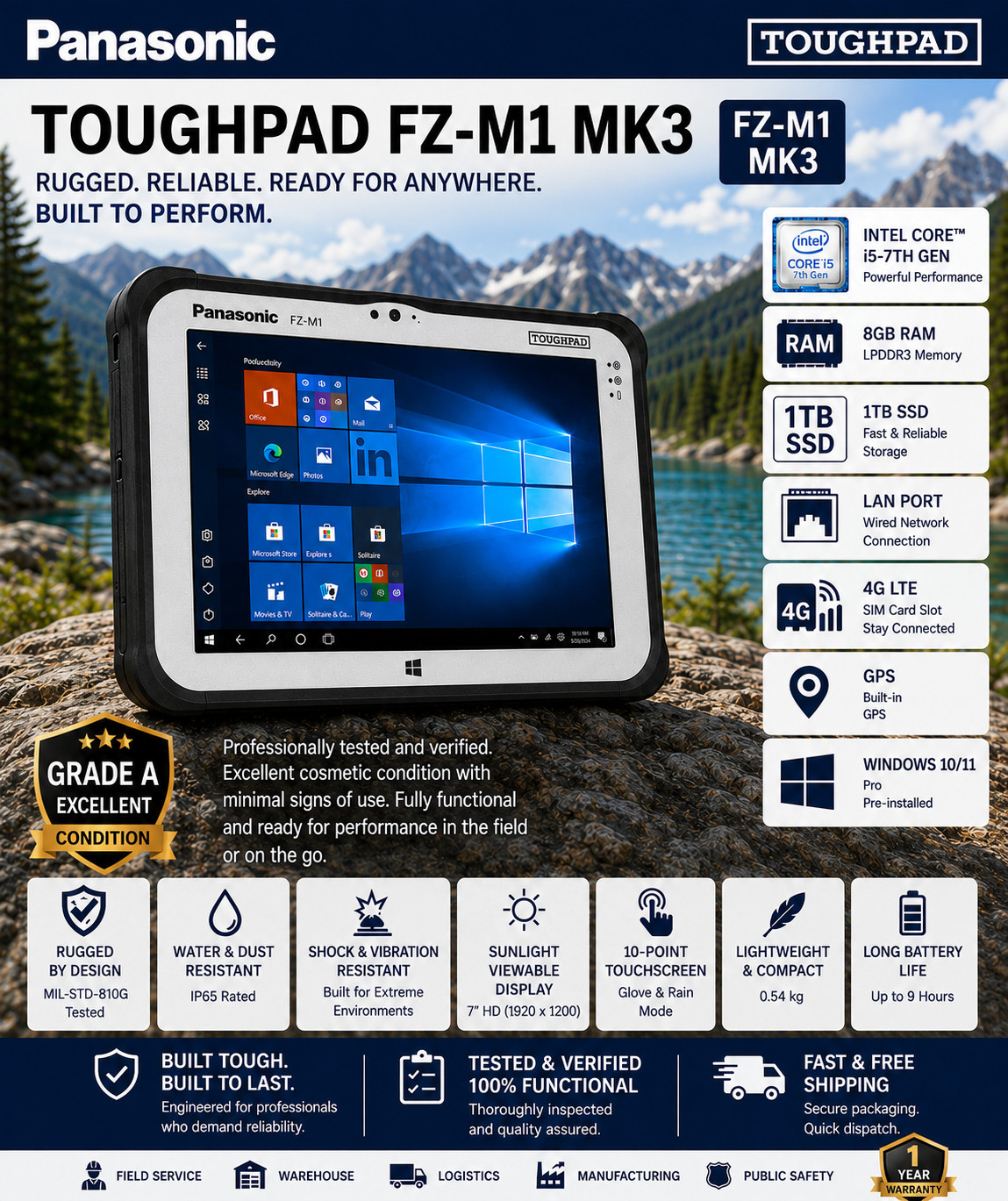 Panasonic Tough Pad FZ-M1 MK3 I5 1.2GHz Win 10 8GB, 1TB Tablet LAN RJ45 4G GPS
