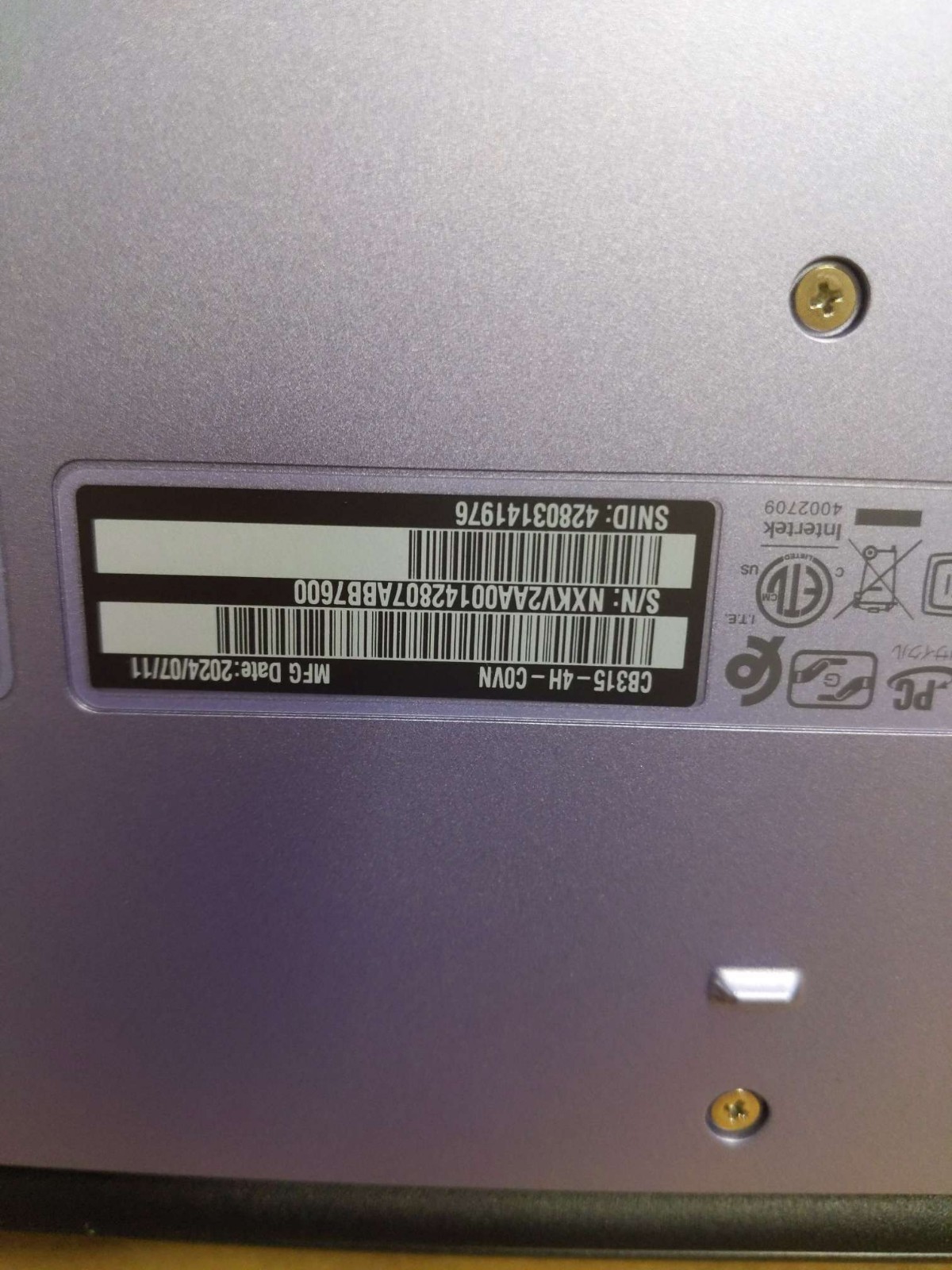 Acer CB315 15.6″ HD N4500 Intel UHD Graphics 4GB RAM 64GB Chrome Purple Used