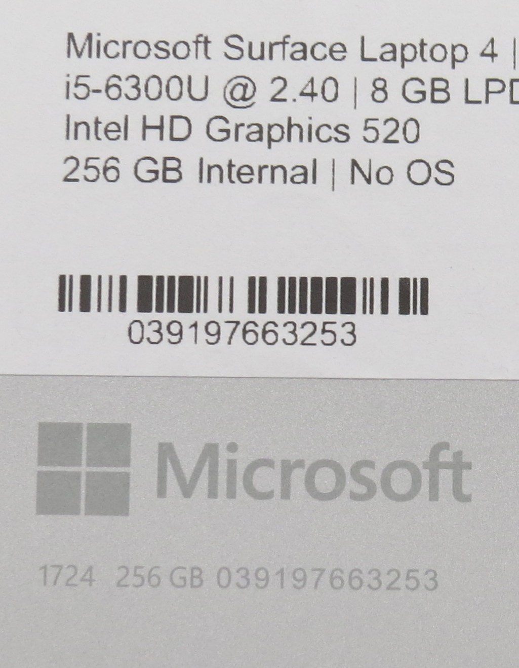 Microsoft Surface Pro 4 i5-6300U@2.4GHz 8GB RAM 12″ 256GB HD No OS/AC