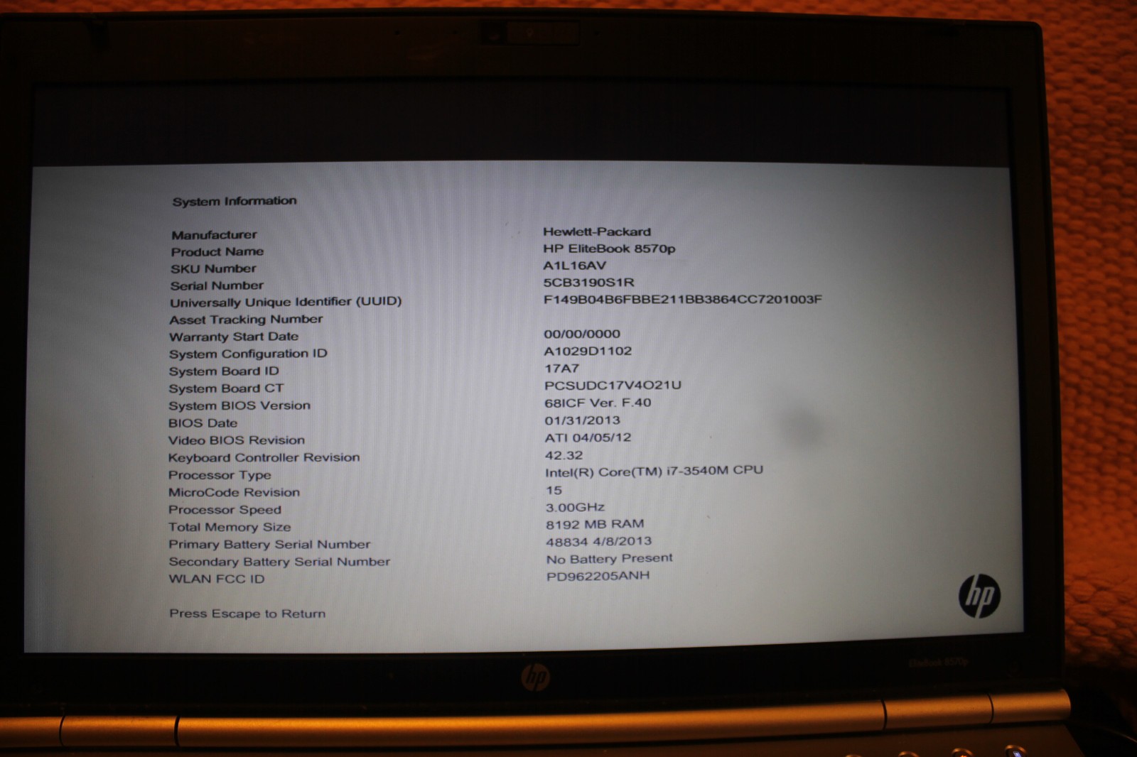 HP EliteBook 8570P – Core i7 – 3.00 GHz – 8192 MB – 320 GB HDD – Win 7P READ !