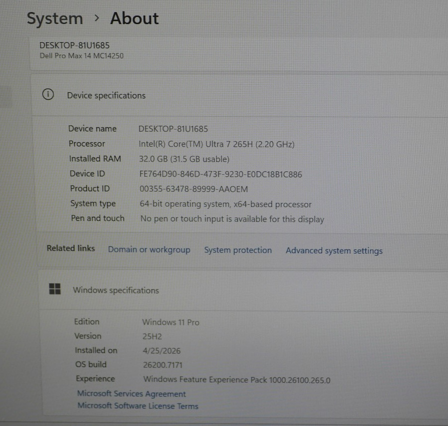 Dell Pro Max 14 MC14250 14″ 1TB 2.2GHz 32GB RAM Intel Core Ultra 7 (H90001236)